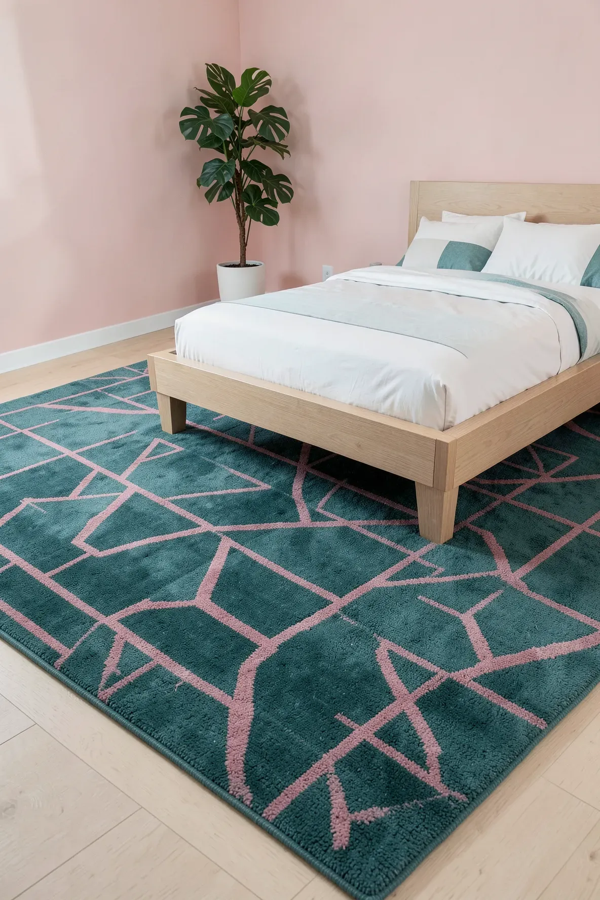 A wide view of a bedroom featuring a teal rug with pink geometric patterns under a modern bed.