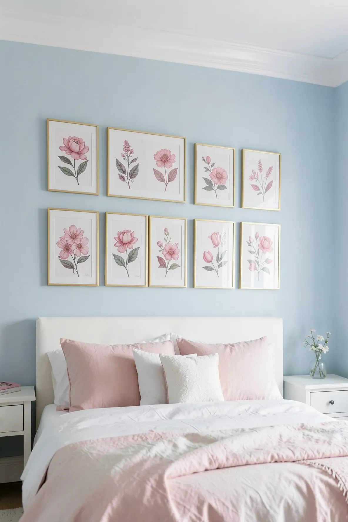 Light blue bedroom walls decorated with a series of framed pink botanical art prints above a bed.