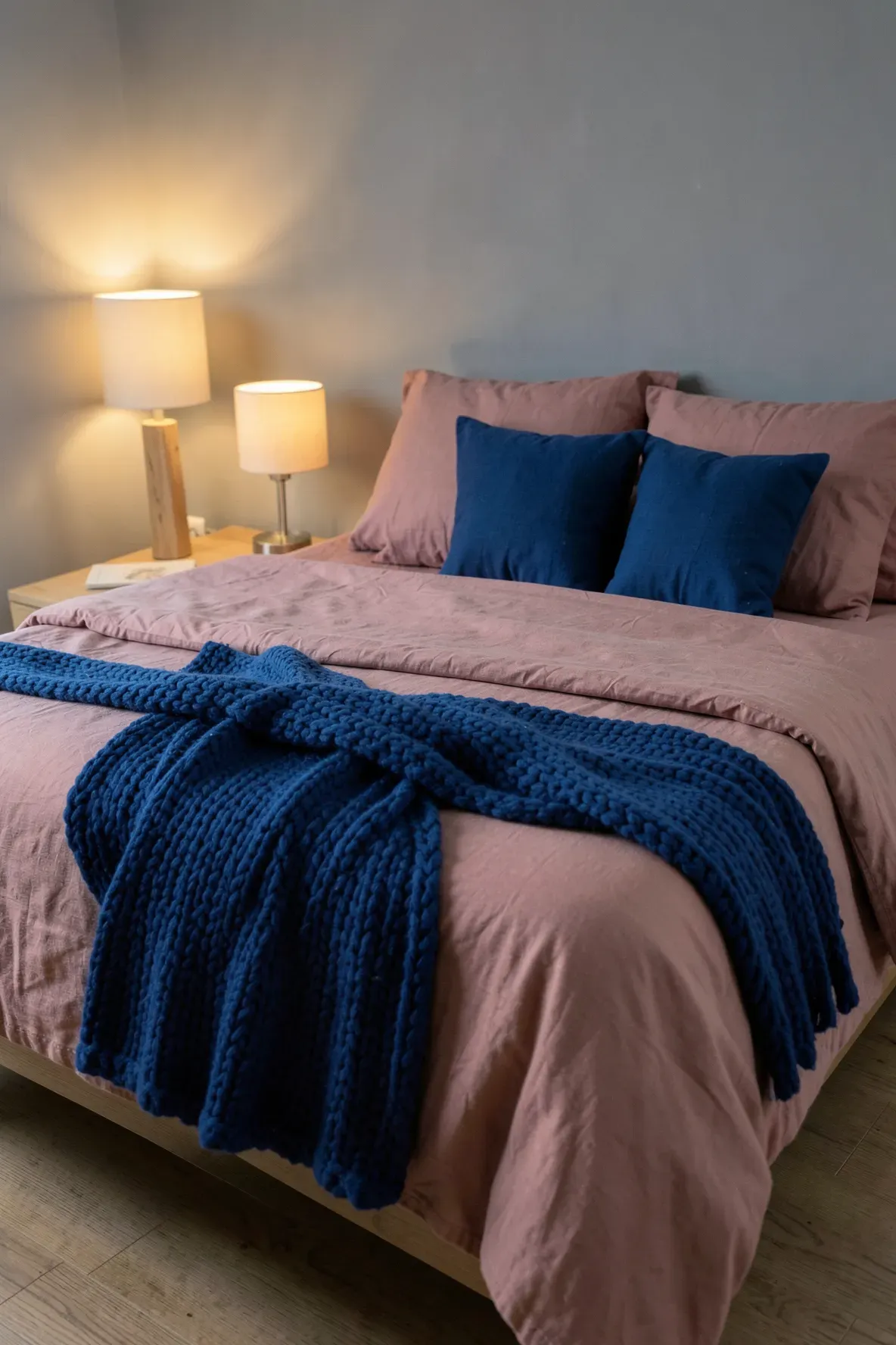 A cozy bed featuring a dusty pink duvet cover and a vibrant cobalt blue knit throw blanket.