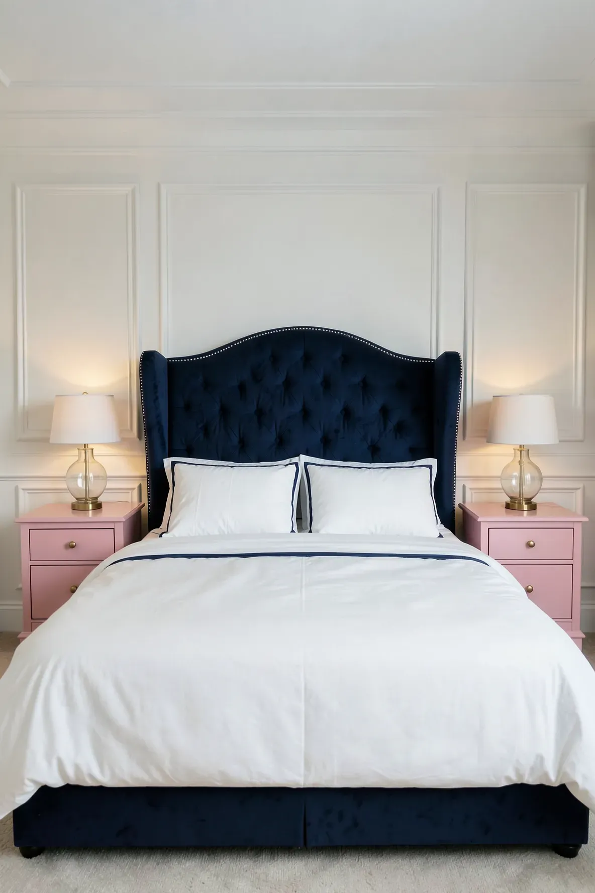 A navy blue tufted headboard flanked by two soft pink nightstands in a symmetrical bedroom layout.