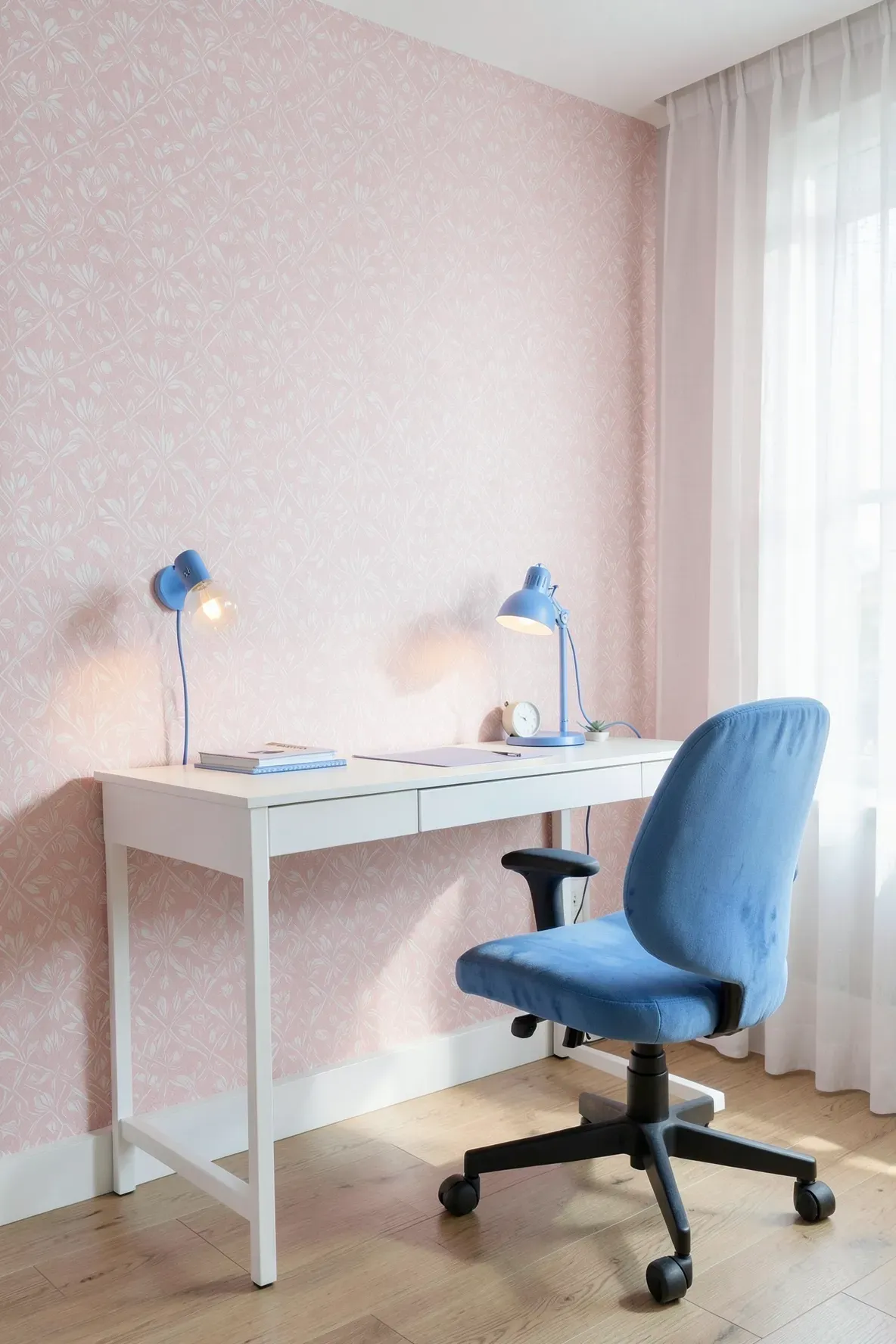 A bedroom featuring pastel pink patterned wallpaper and a cornflower blue desk chair.