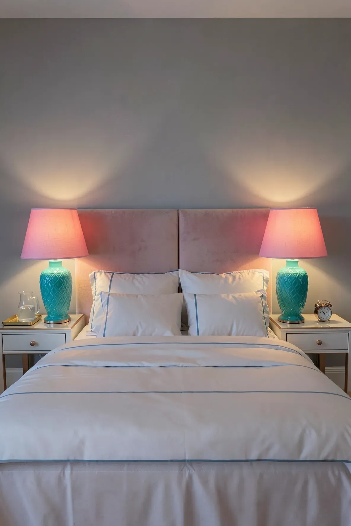 Turquoise lamps with pink silk shades on white bedside tables in a blue and pink bedroom.