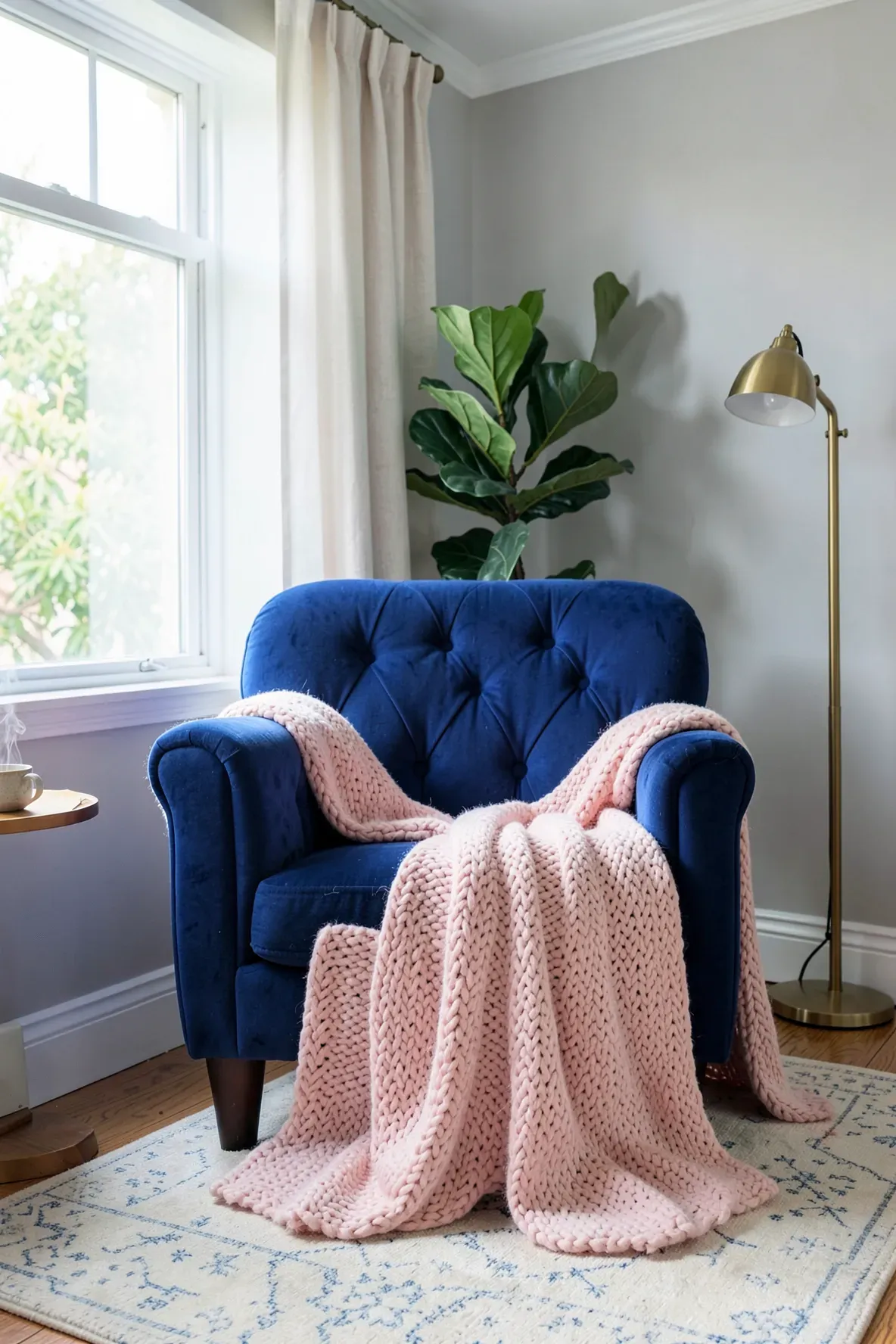 A royal blue velvet armchair with a pale pink knit blanket in a sunlit bedroom corner.