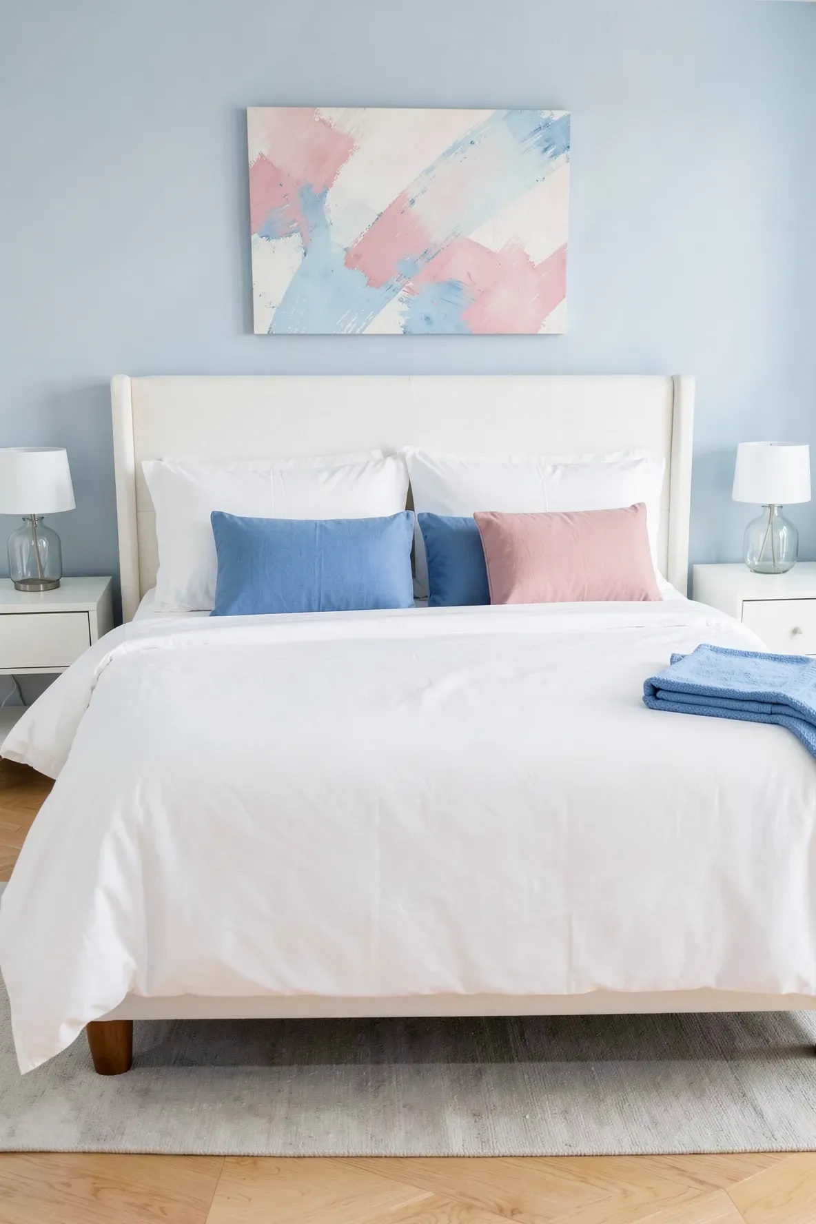 White bedding with alternating blue and pink bolster pillows in a bright bedroom.