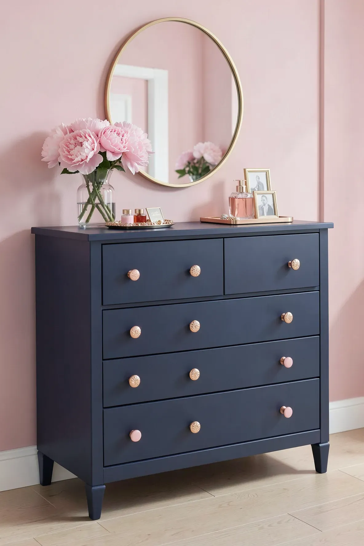 A matte blue dresser with rose gold and pink knobs against a blush pink wall.