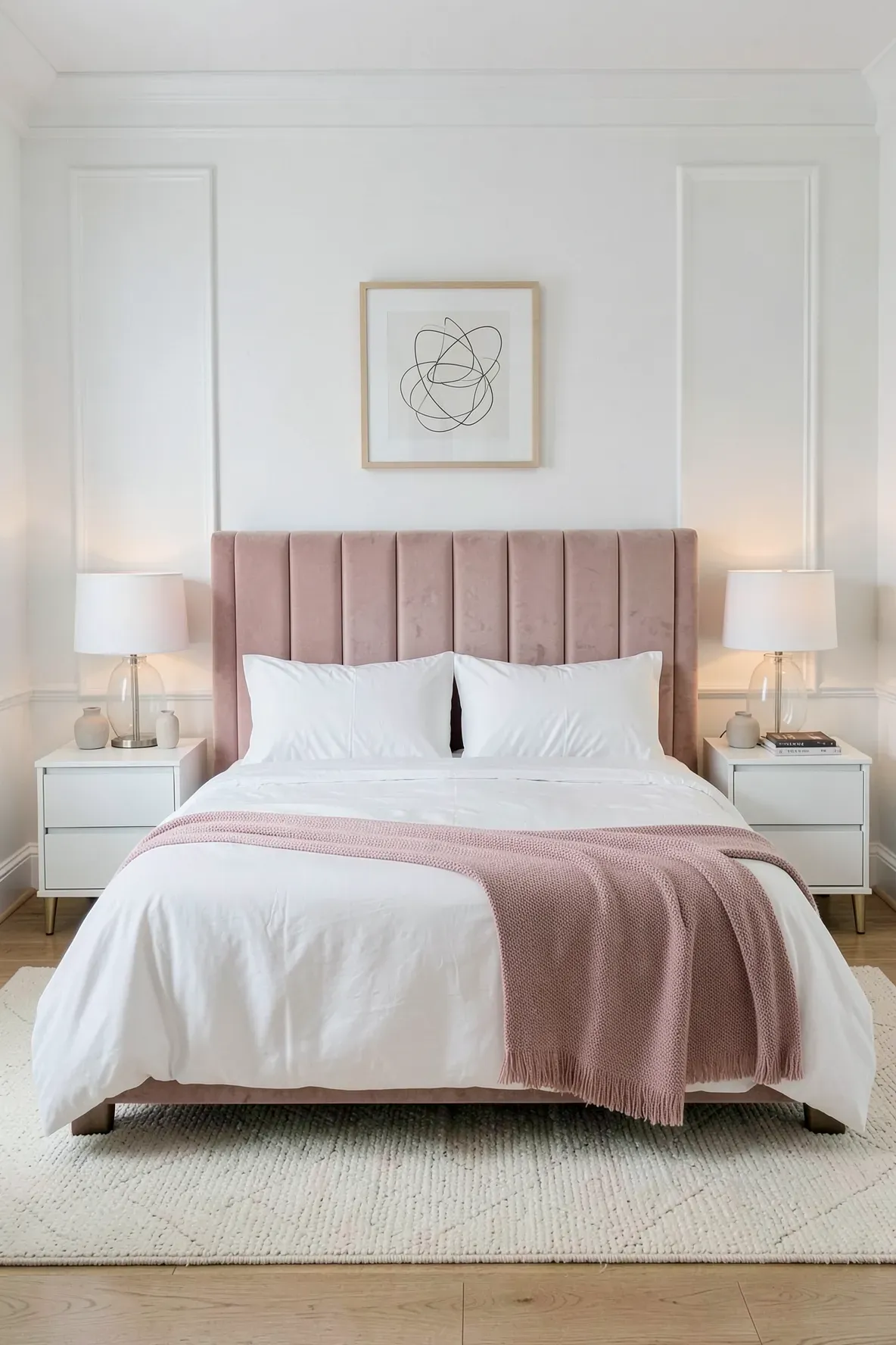 A sophisticated bedroom with a blush pink velvet headboard and crisp white bedding.
