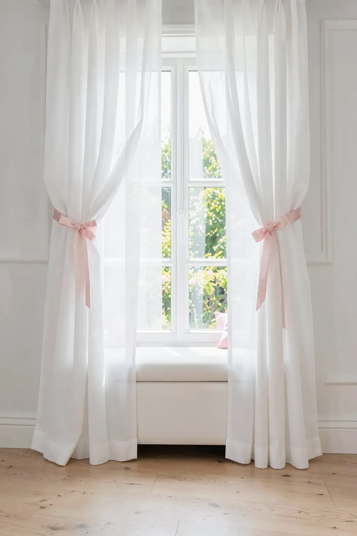 Sheer white curtains with pale pink silk tie-backs in a sunlit bedroom.