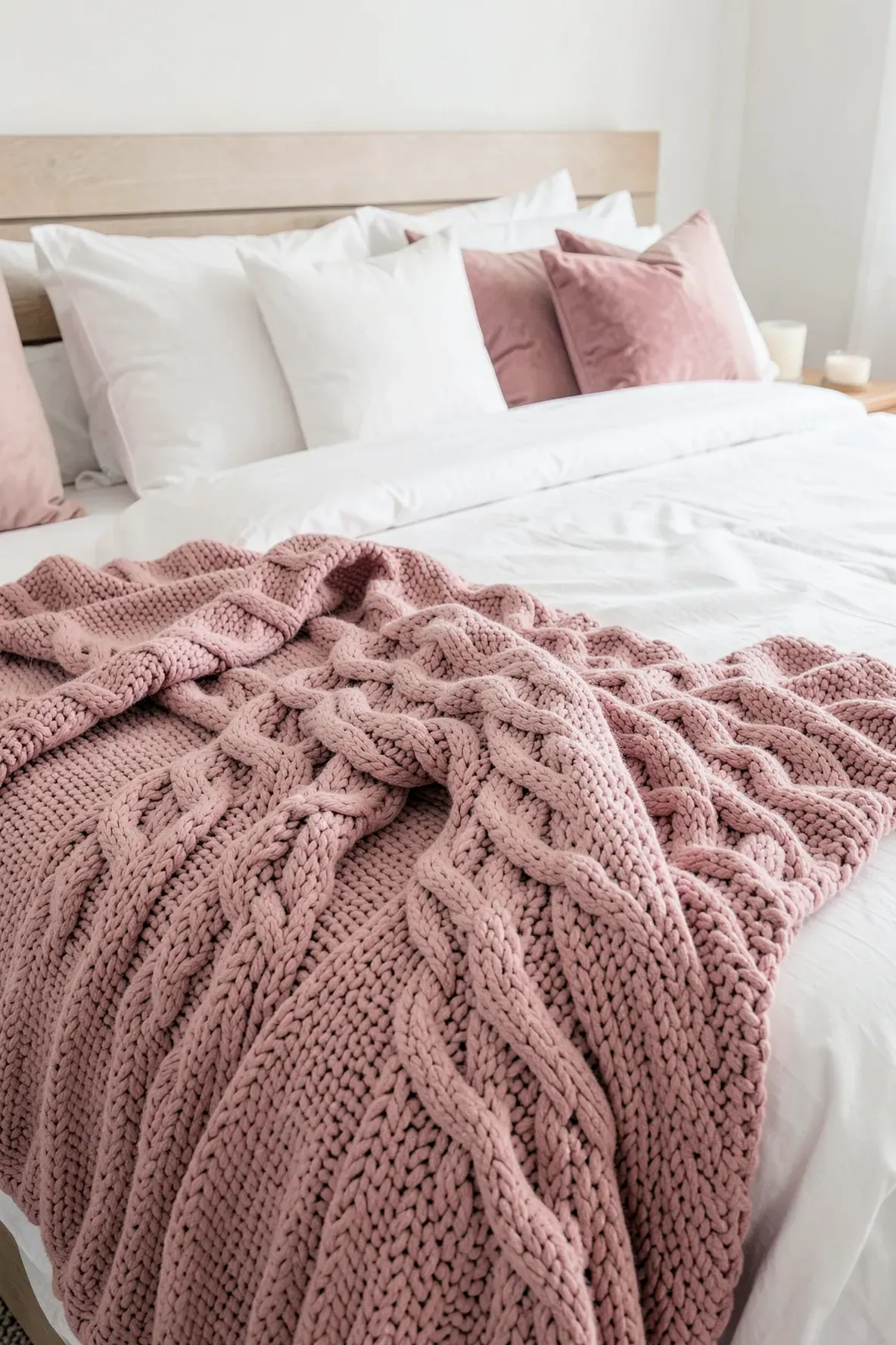 Chunky pink knit blankets layered over a white duvet on a cozy bed.