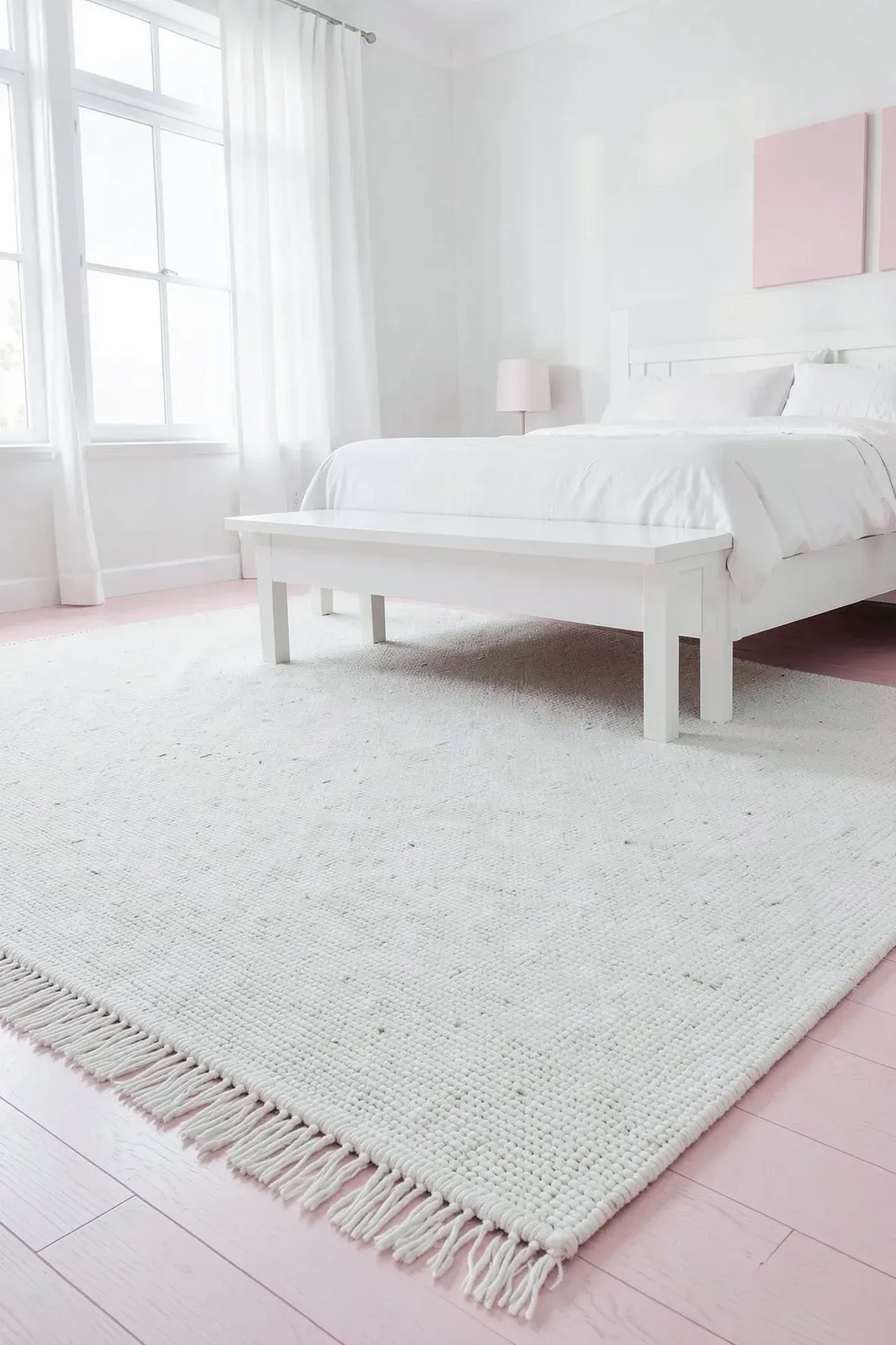 A large white woven rug on a pale pink wood floor in a bright bedroom.