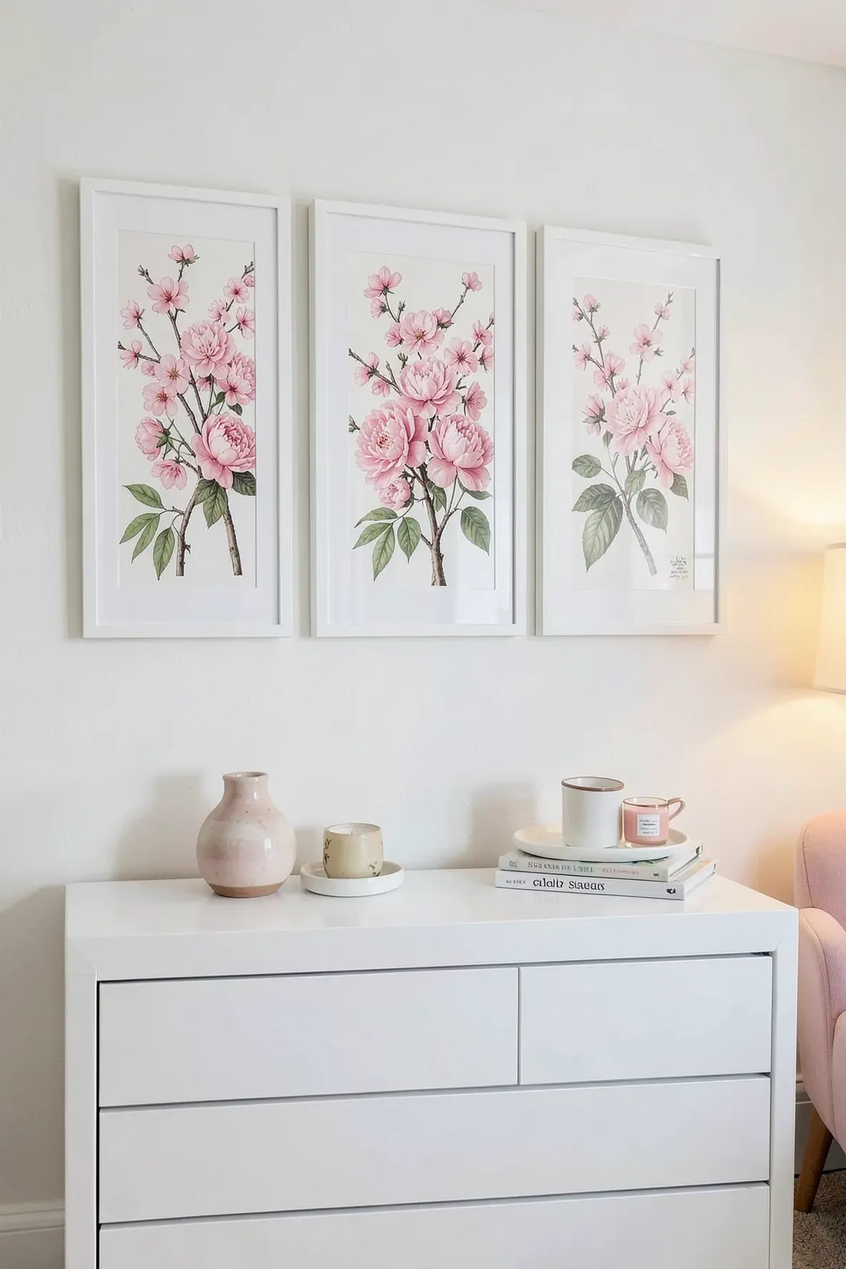 Three framed botanical prints with pink flowers and white matting above a white dresser.