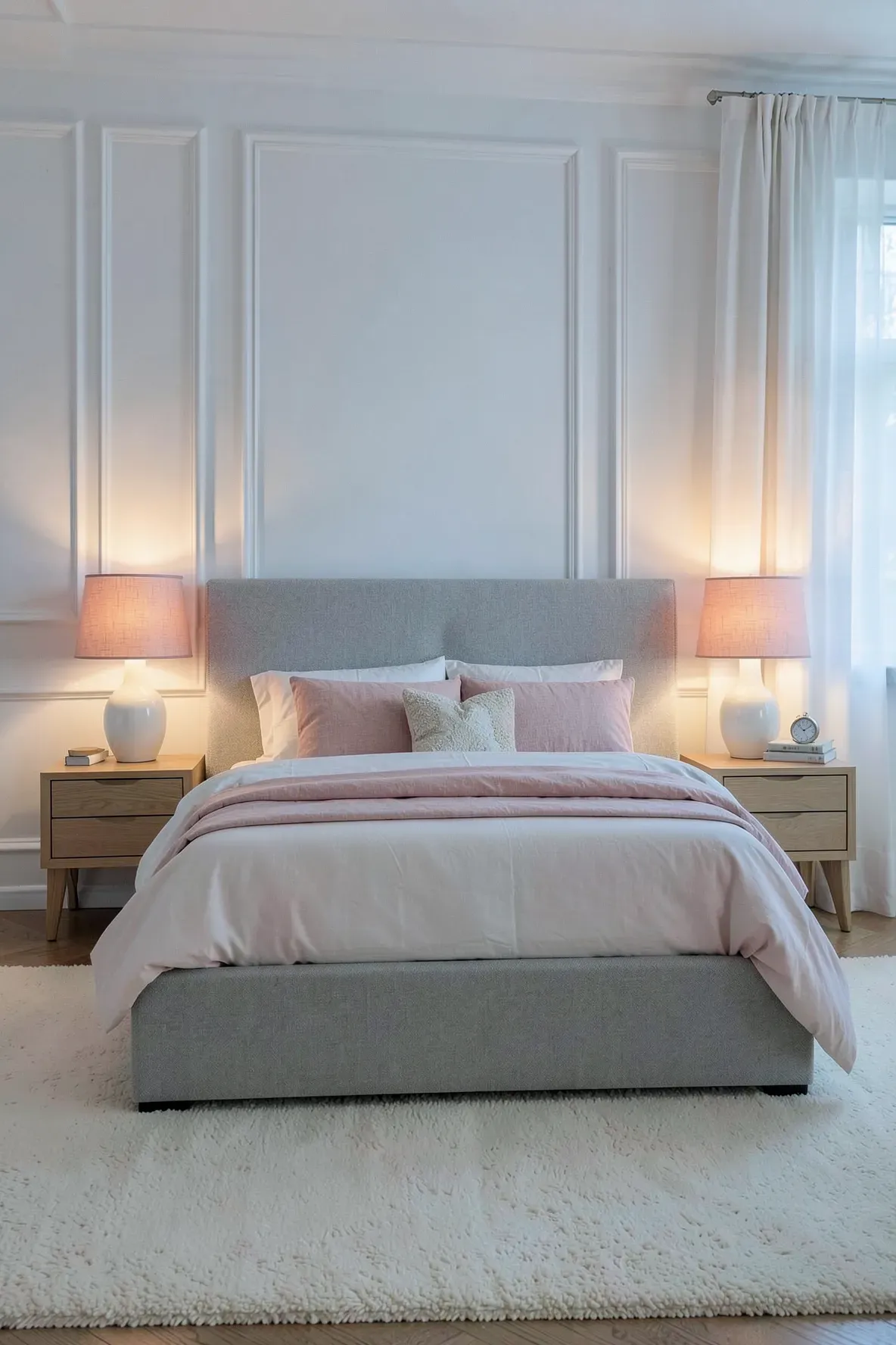 A balanced bedroom featuring white ceramic lamps with dusty pink shades on wooden nightstands.