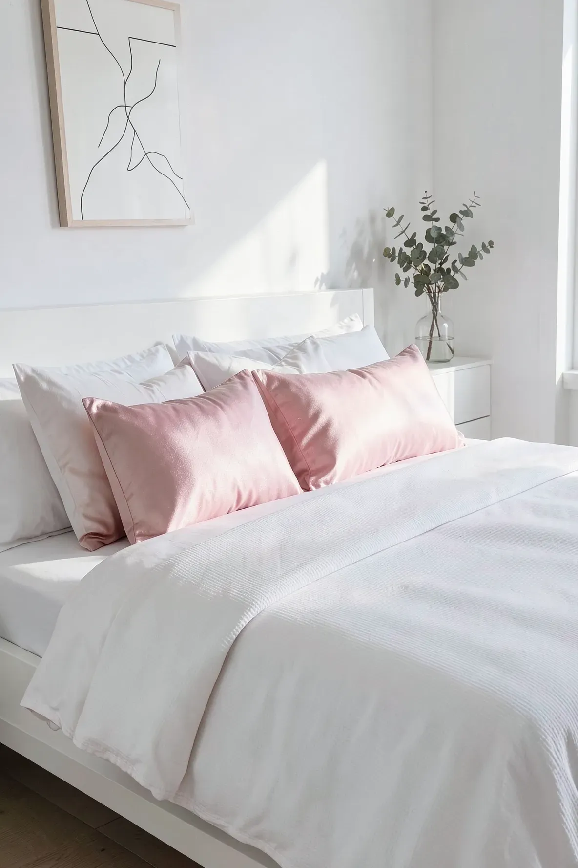 Blush pink silk pillowcases mixed with white cotton shams on a white bed in a bright room.