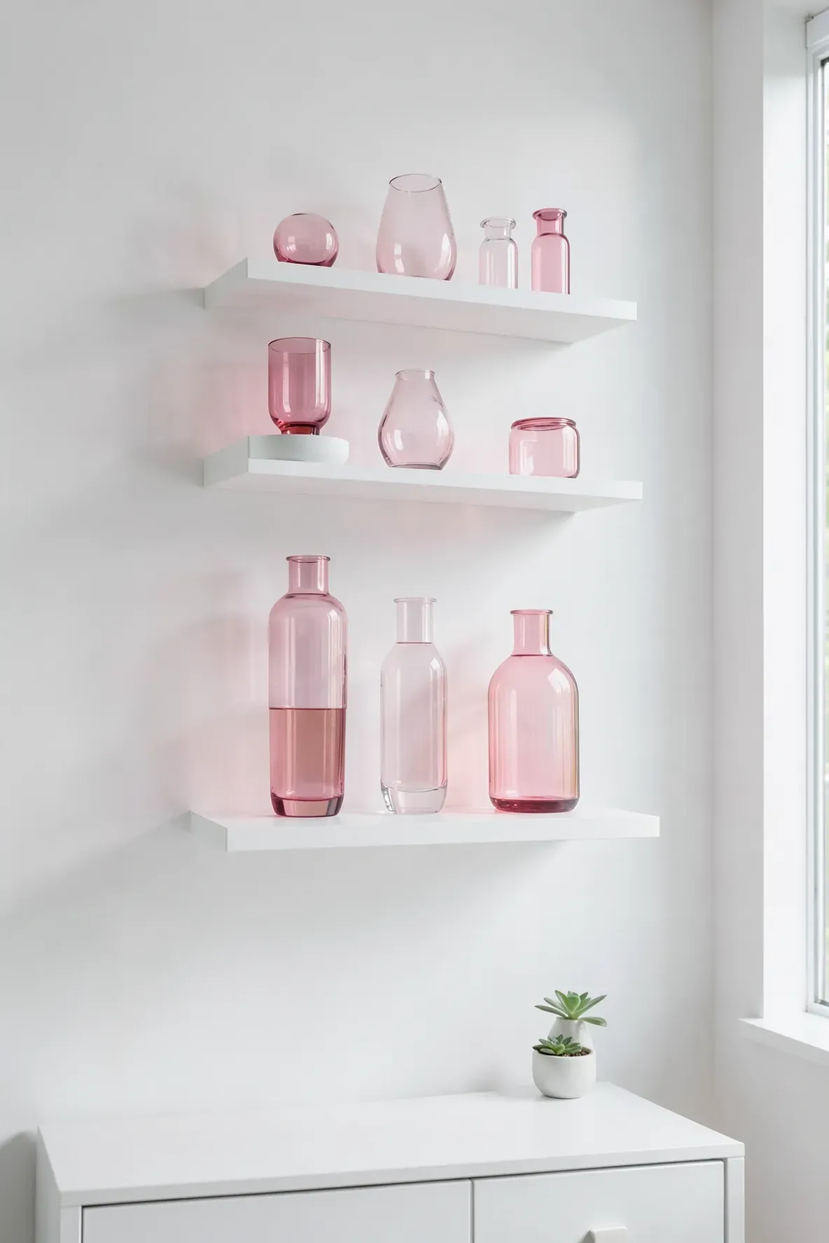 White floating shelves holding a collection of pink glass vases against a white bedroom wall.