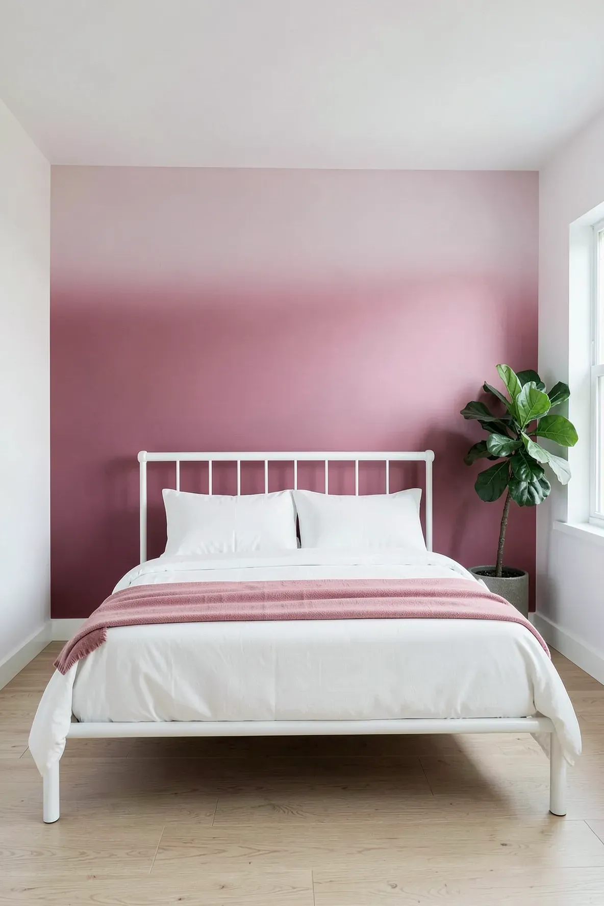 A white bed frame set against a wall with a pink to white ombre gradient wallpaper.