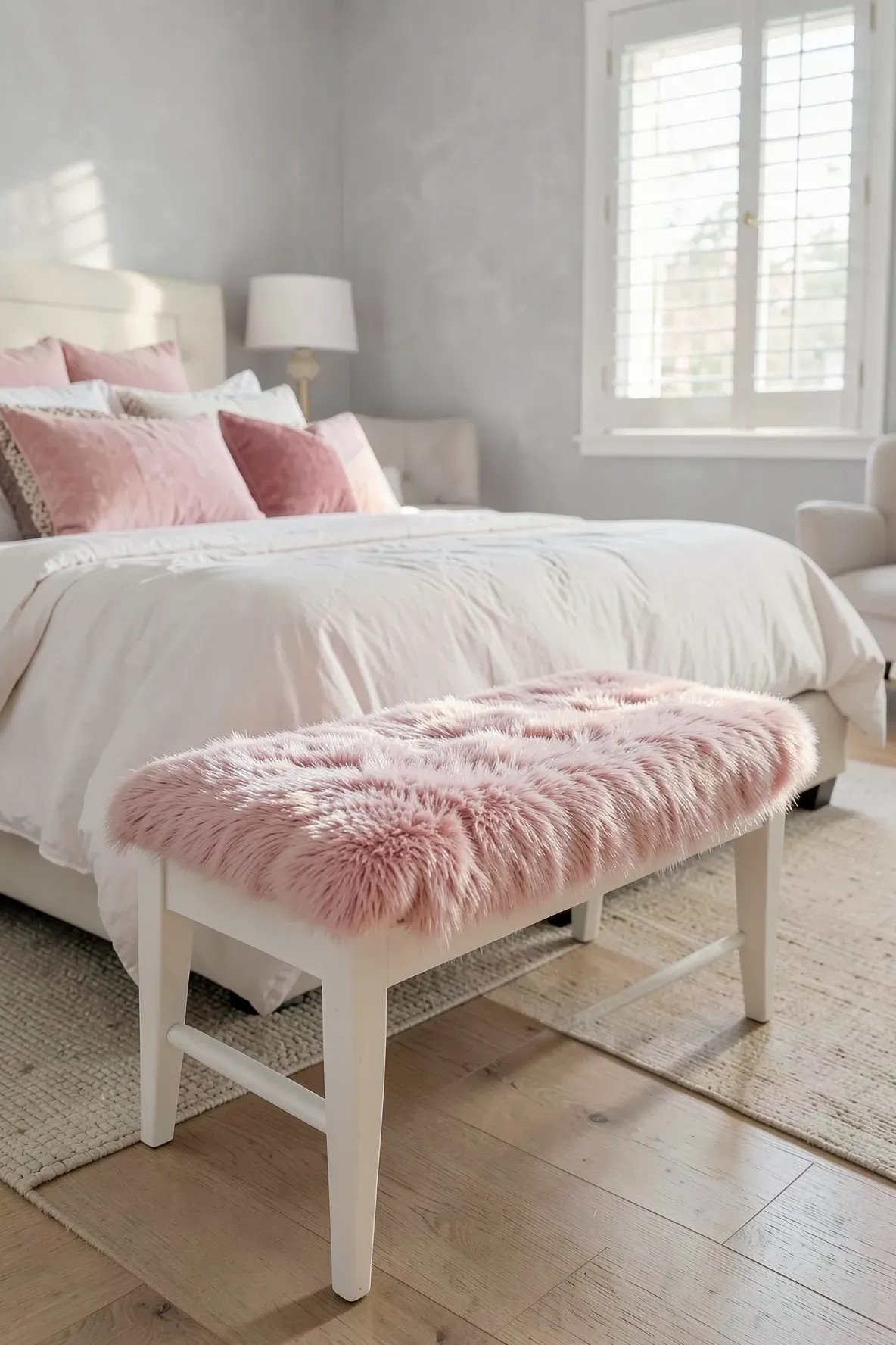 A white wooden bench with a pink faux fur cushion at the foot of a white bed.