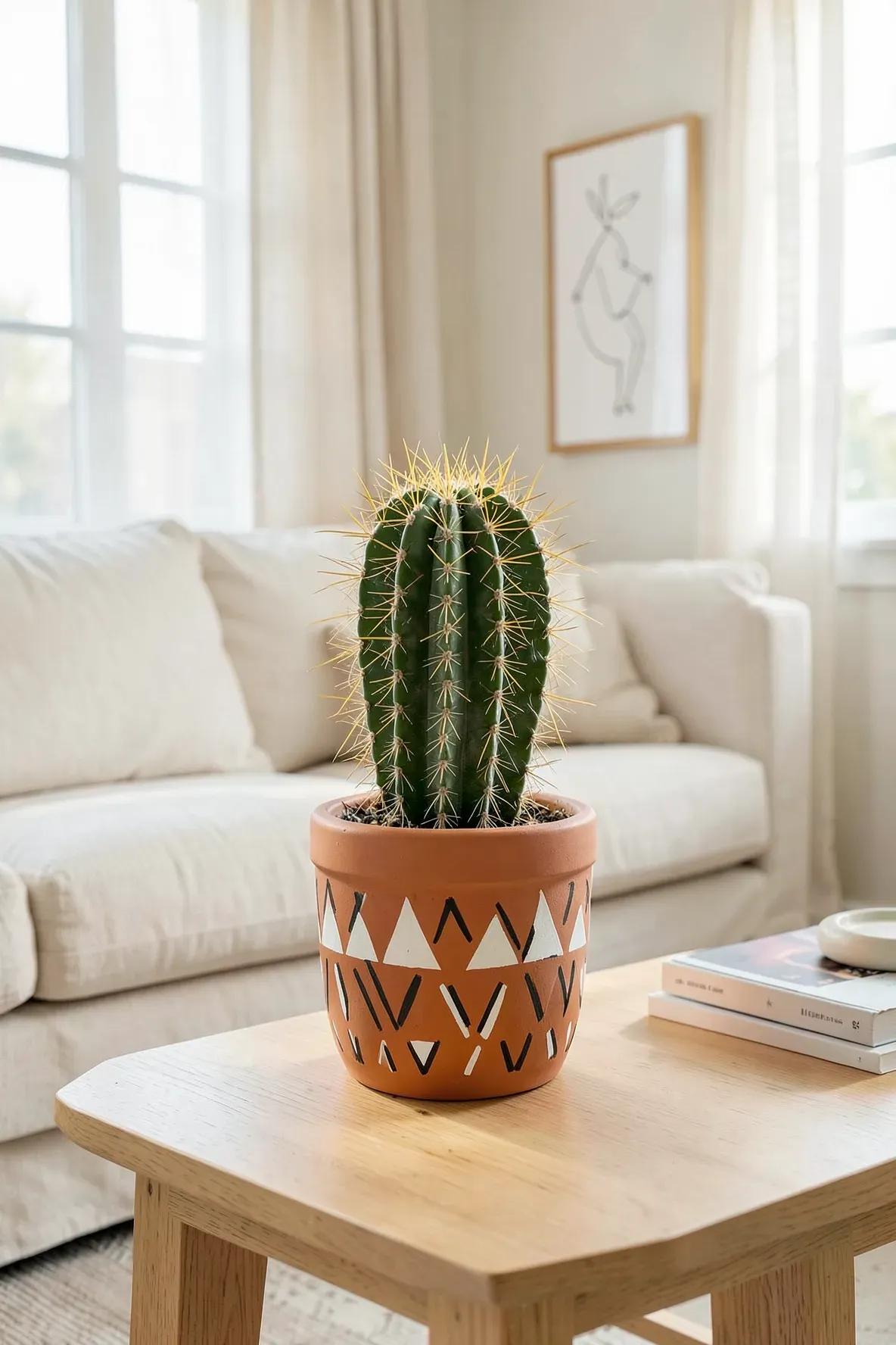 A hand-painted geometric terracotta pot holding a cactus on a wooden table in a bright room.