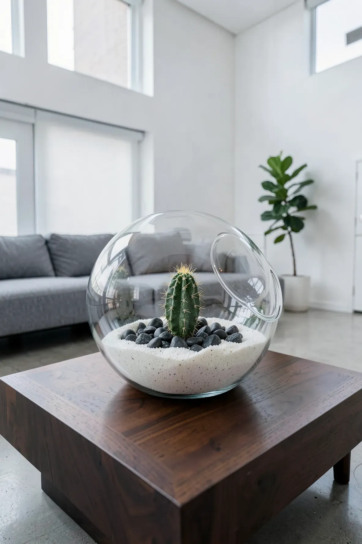 A round glass terrarium with white sand and a small cactus on a dark wood coffee table.