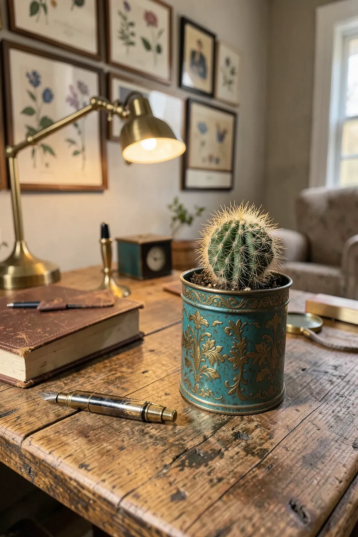 A colorful vintage tea tin used as a cactus pot on a rustic wooden desk in a cozy office.