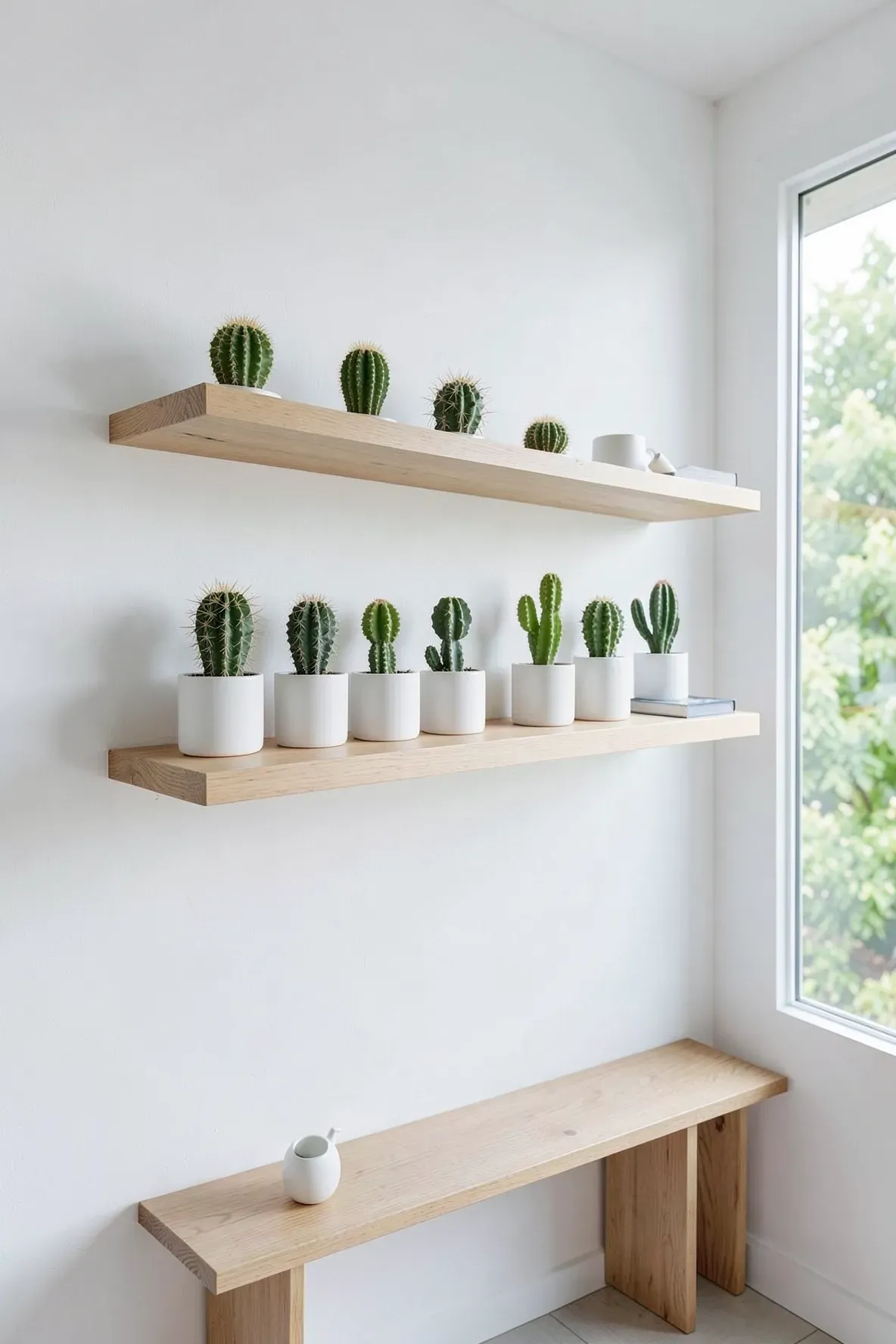 A wooden floating shelf with five identical white pots and different cacti against a white wall.