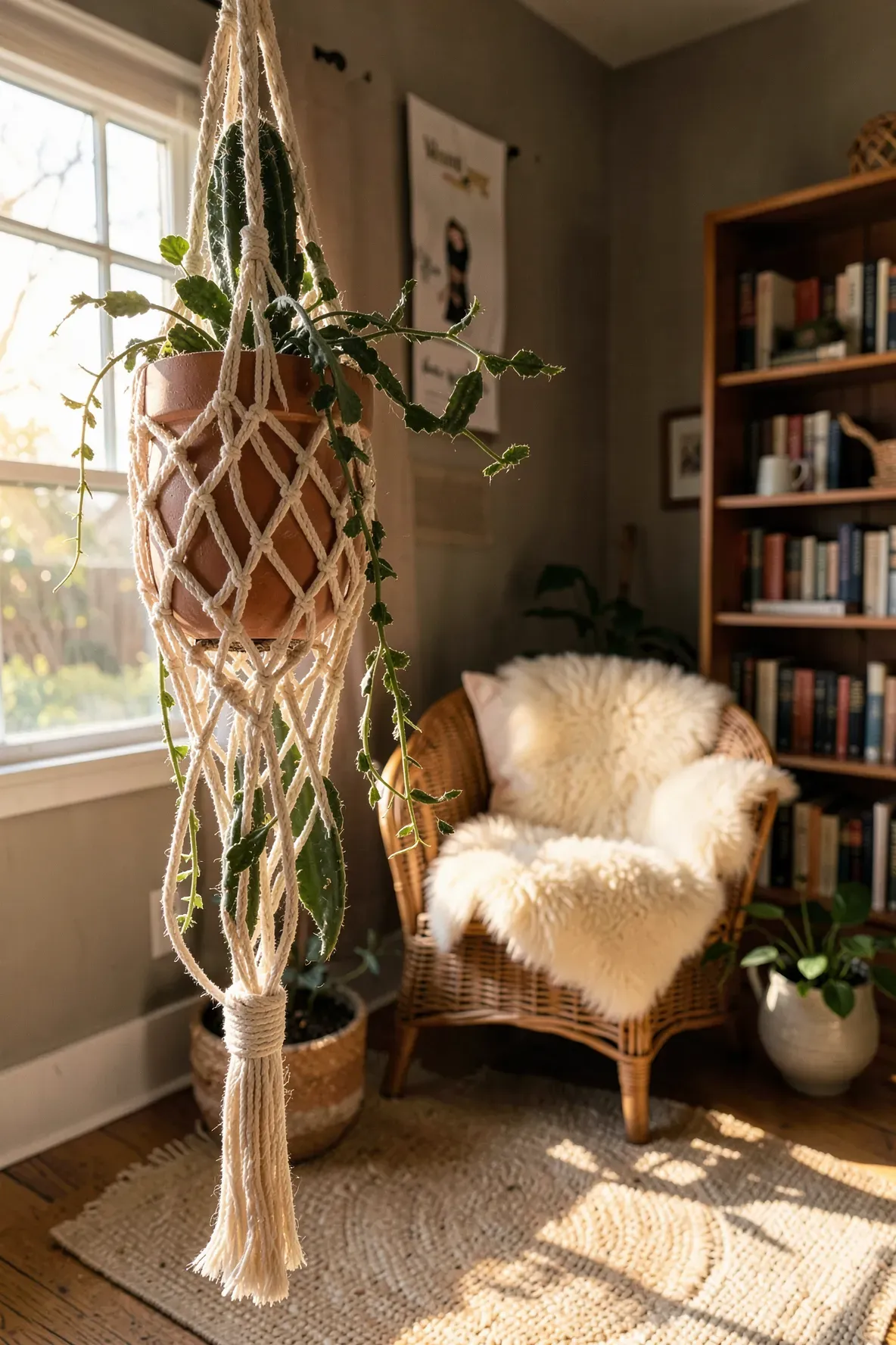 A macrame plant hanger with a terracotta pot and cactus hanging in a sunlit room corner.