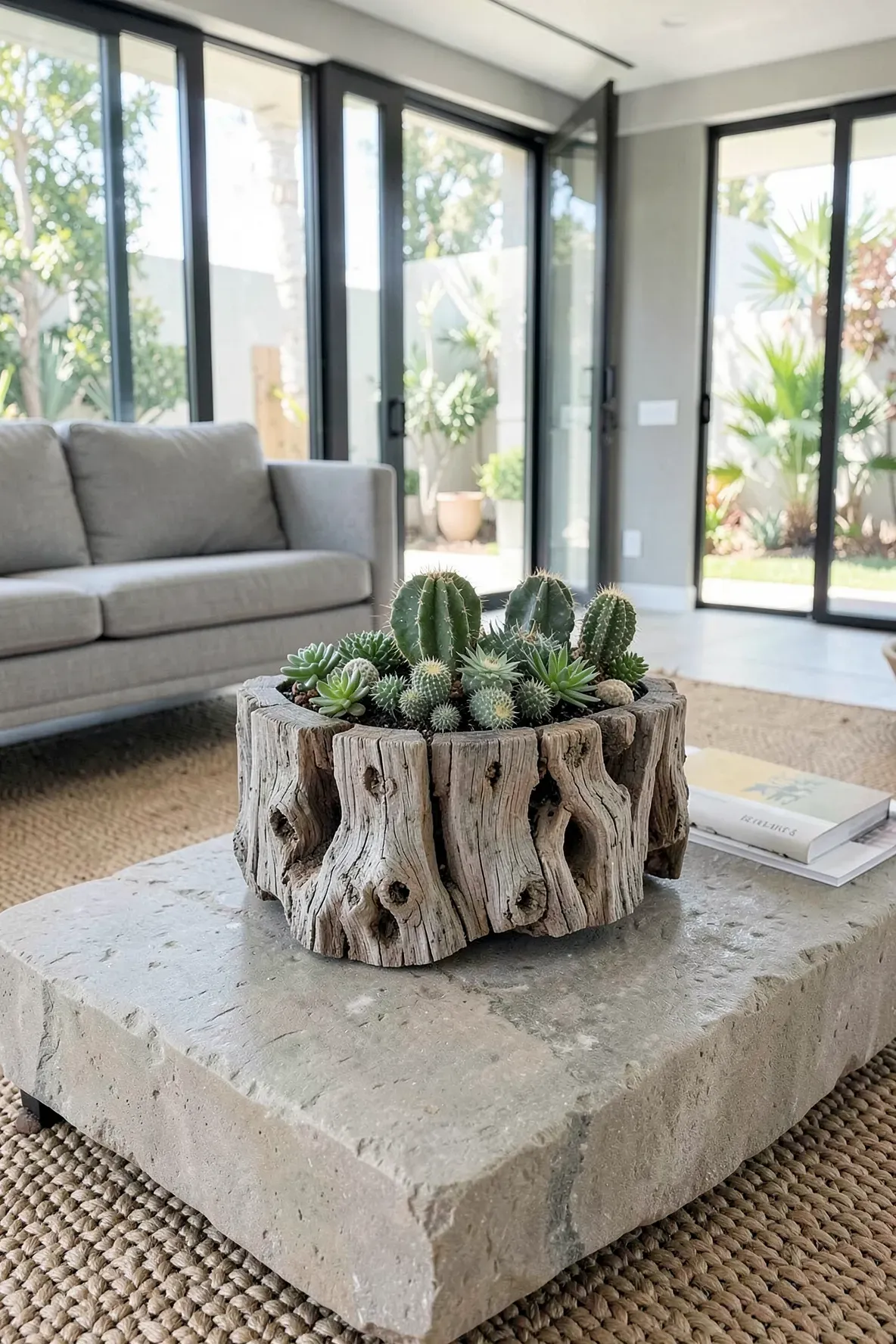 A natural driftwood log with small cacti planted in its hollows on a stone table.