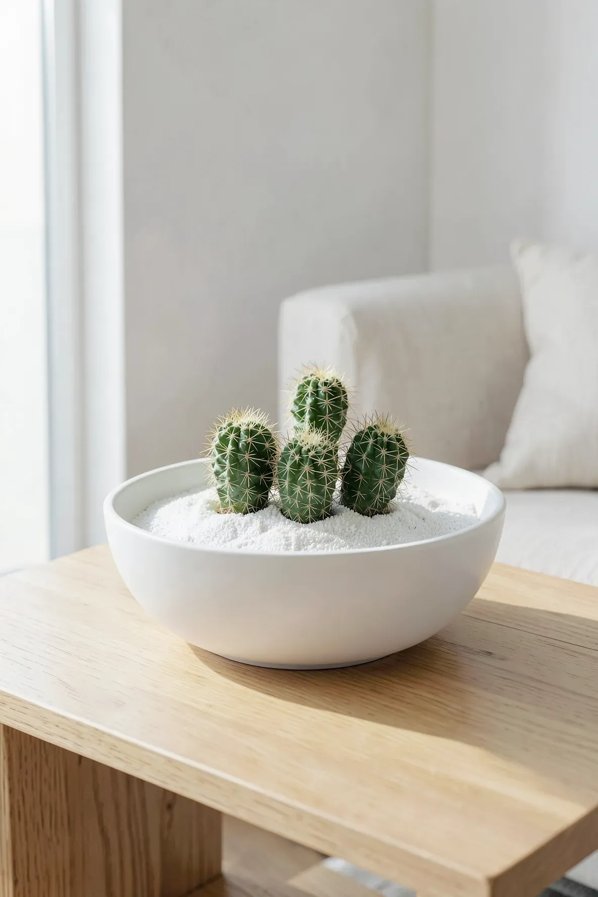 A white porcelain bowl filled with small cacti and white sand on a wooden table.