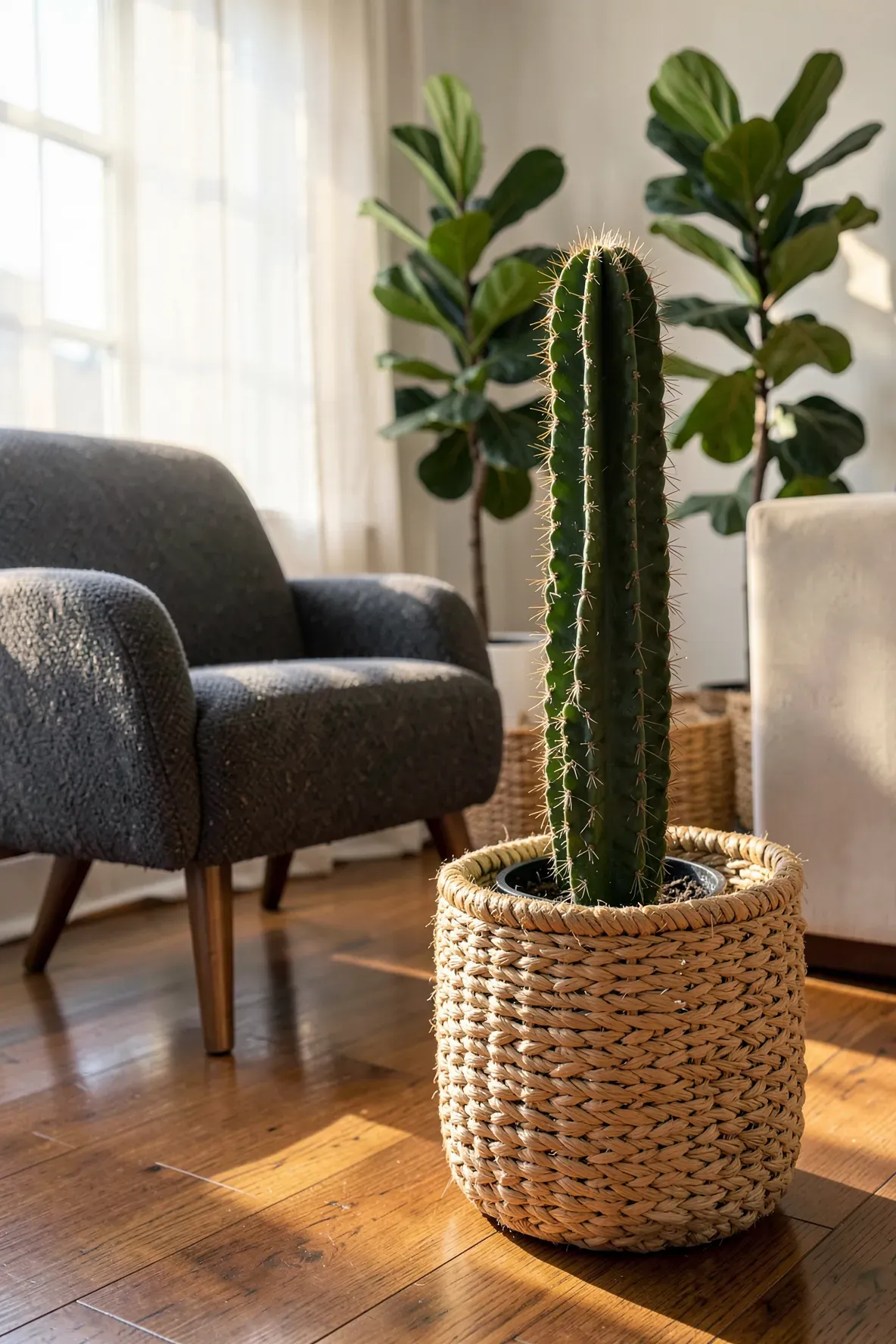 A tall cactus in a woven seagrass basket sitting on a hardwood floor next to a chair.
