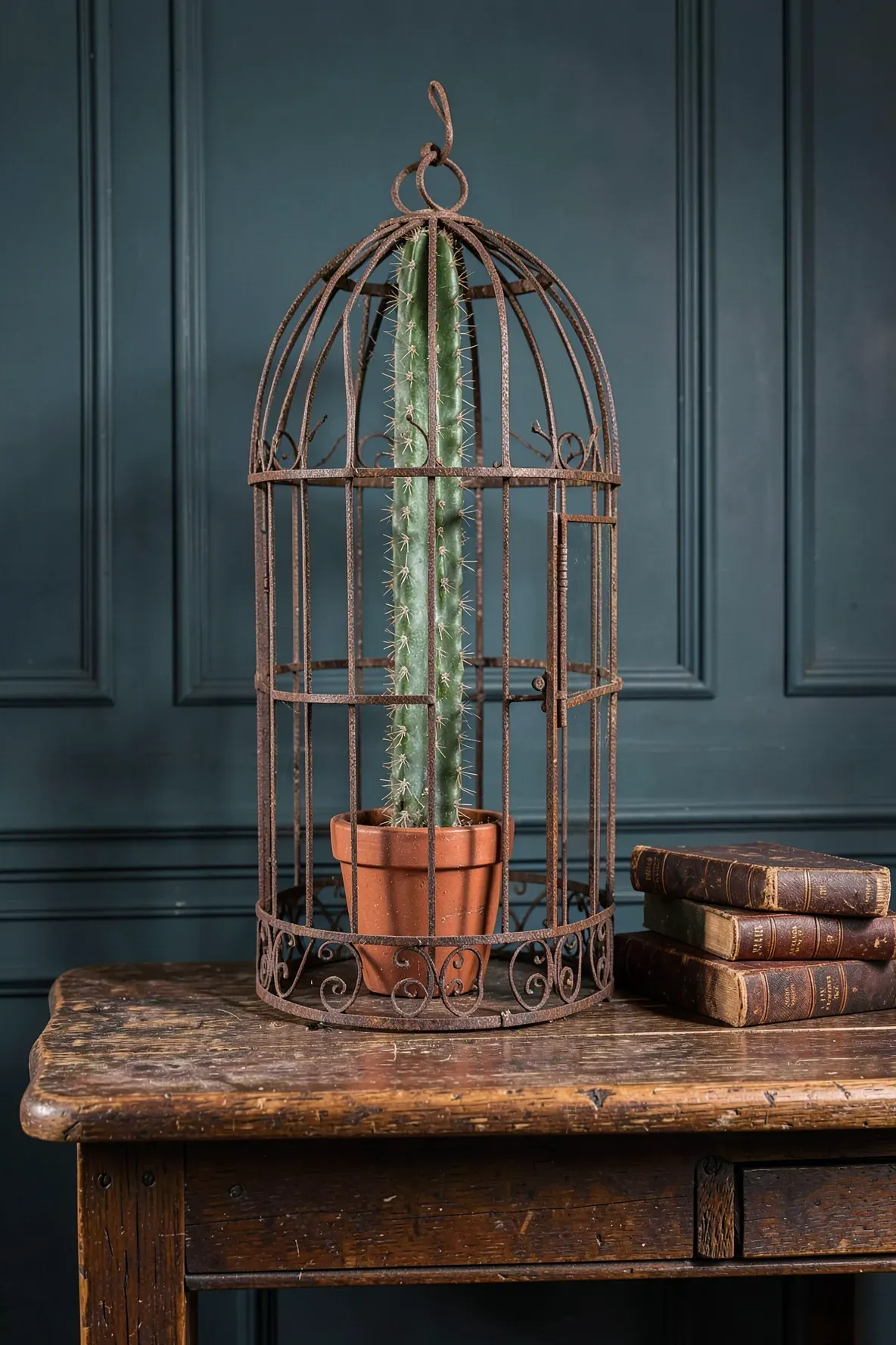 A tall cactus inside a vintage metal birdcage sitting on a rustic wooden table.