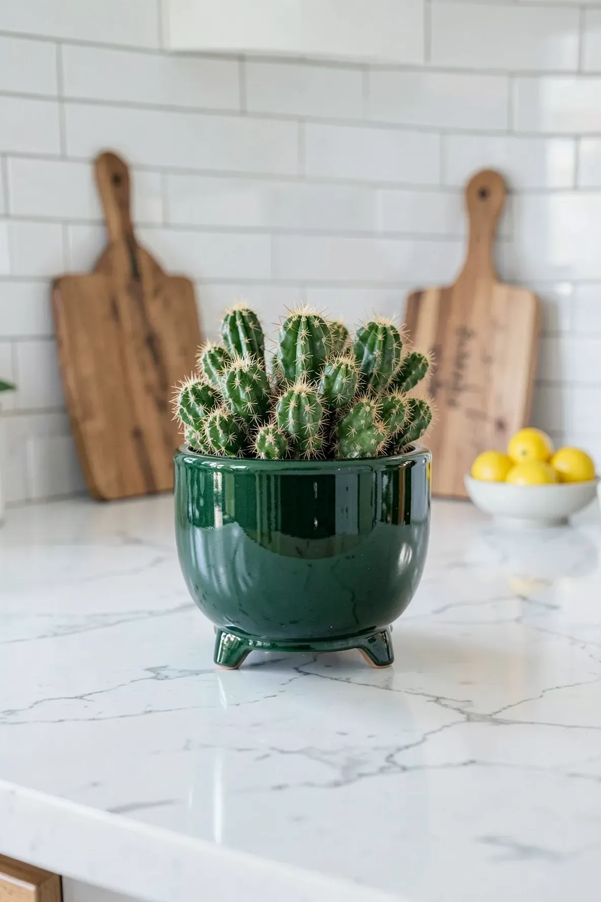 An emerald green footed ceramic planter with cacti on a white marble kitchen counter.