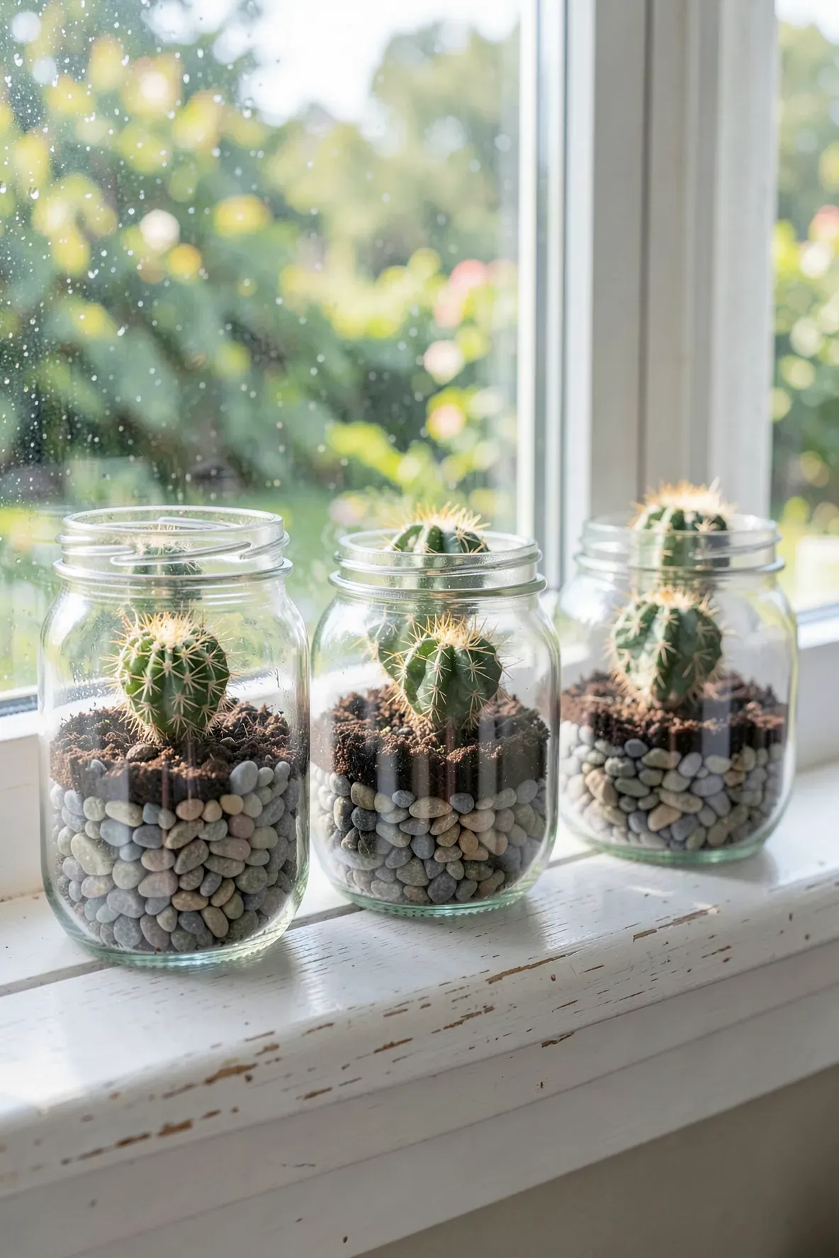 Three glass jars with visible pebble layers and cacti sitting on a sunny white windowsill.
