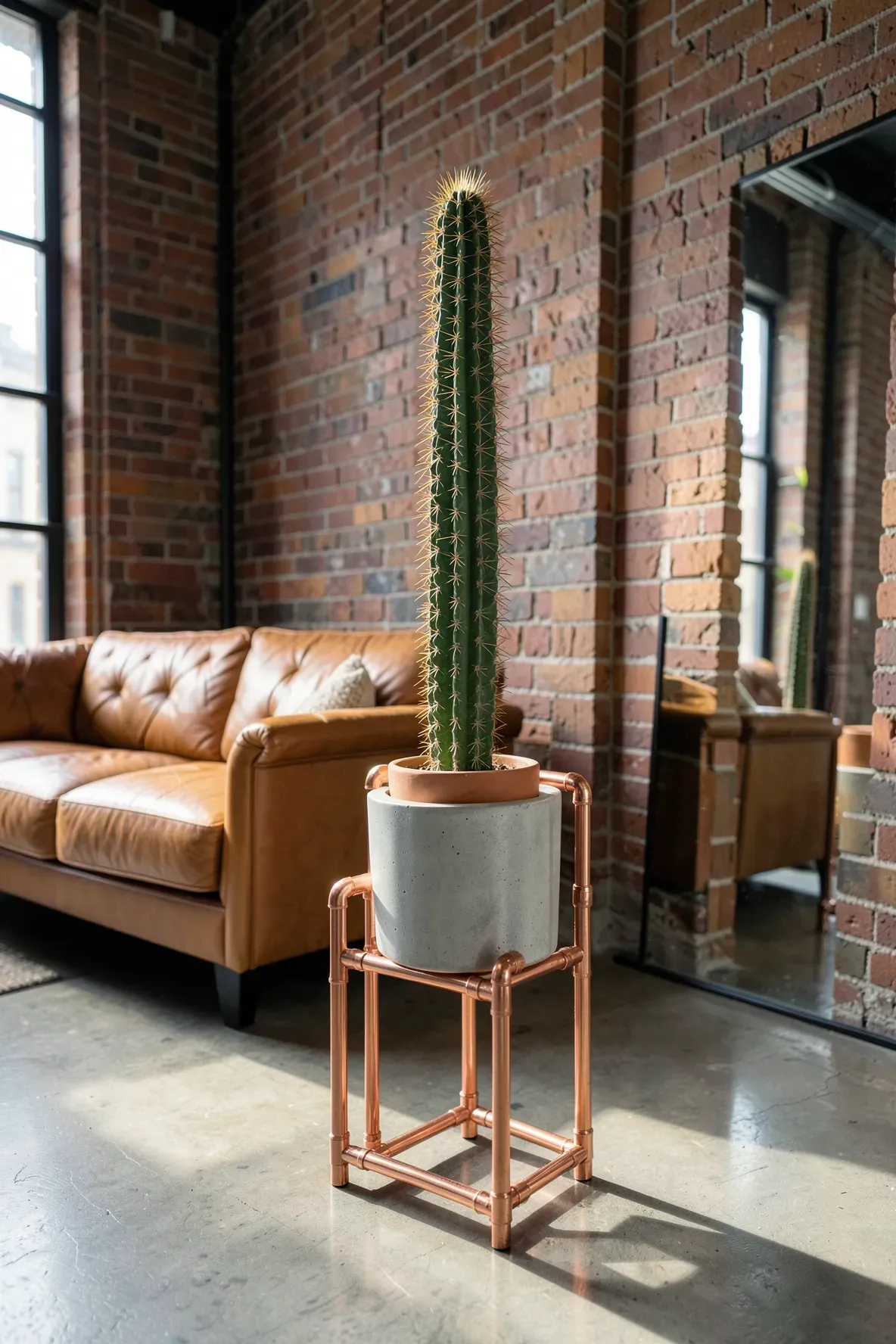 A modern copper pipe plant stand holding a cactus pot in front of an exposed brick wall.