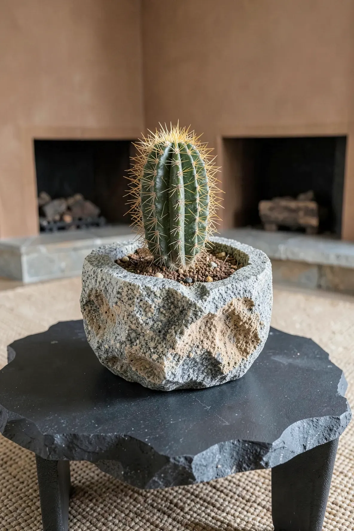 A small cactus planted inside a hollowed-out grey stone on a dark slate table.