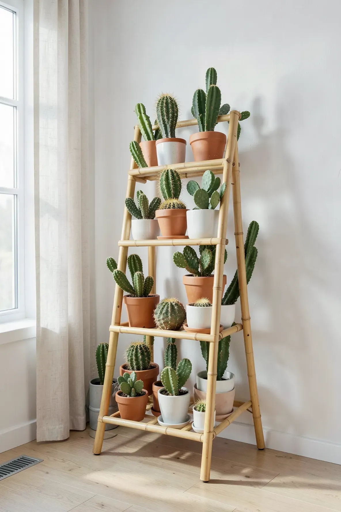 A tall columnar cactus in a large charcoal architectural pot inside a minimalist room.