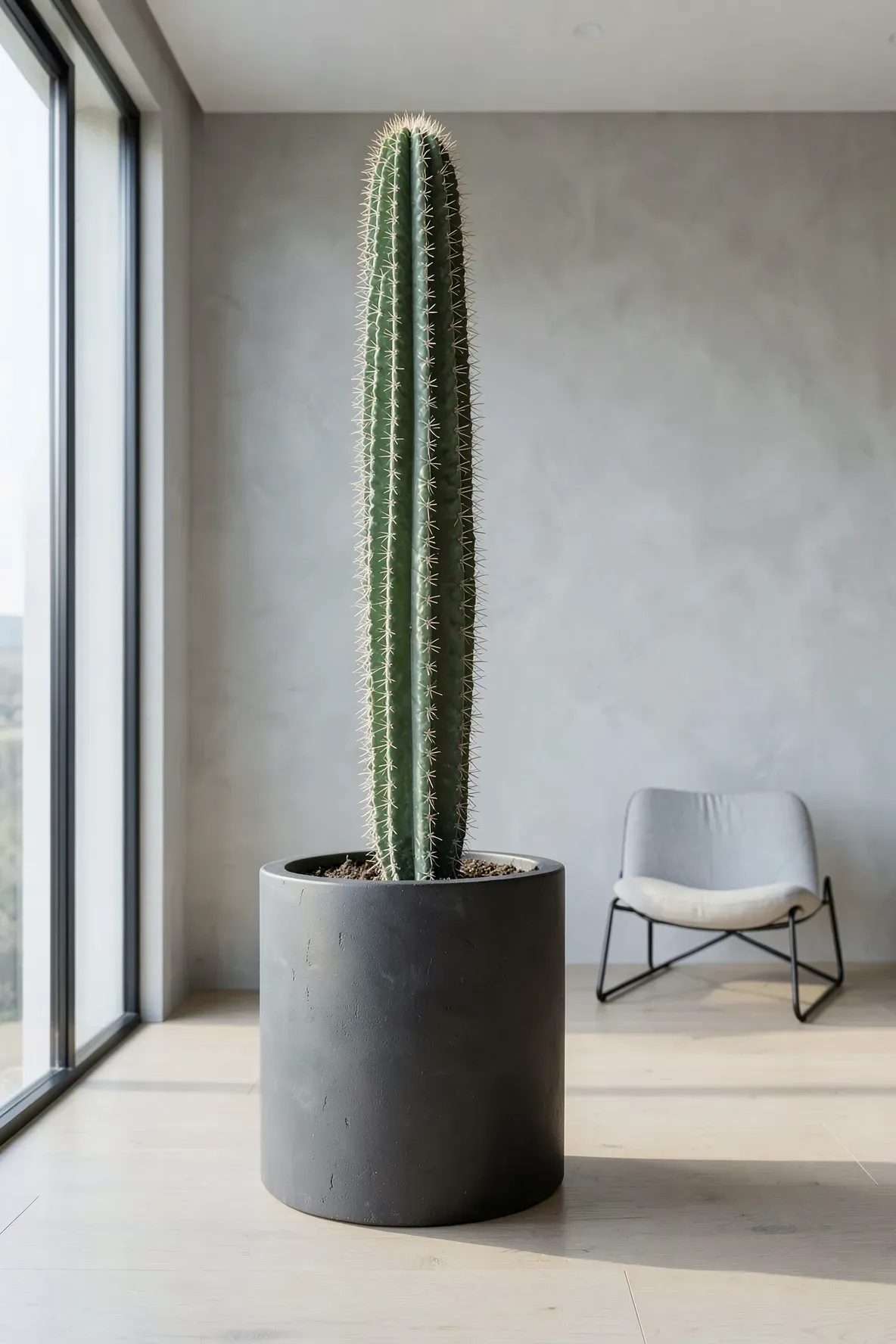 A tall Saguaro-style cactus in a large charcoal pot in a minimalist living room.