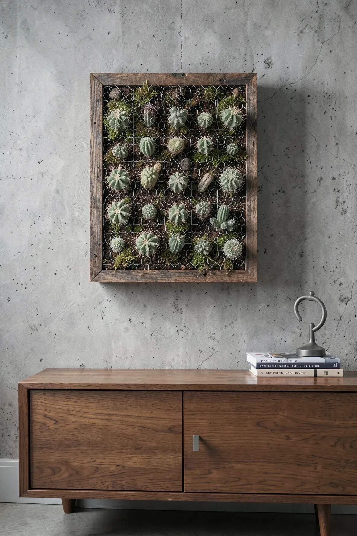 A vertical cactus garden in a wooden box with a mesh front mounted on a concrete wall.
