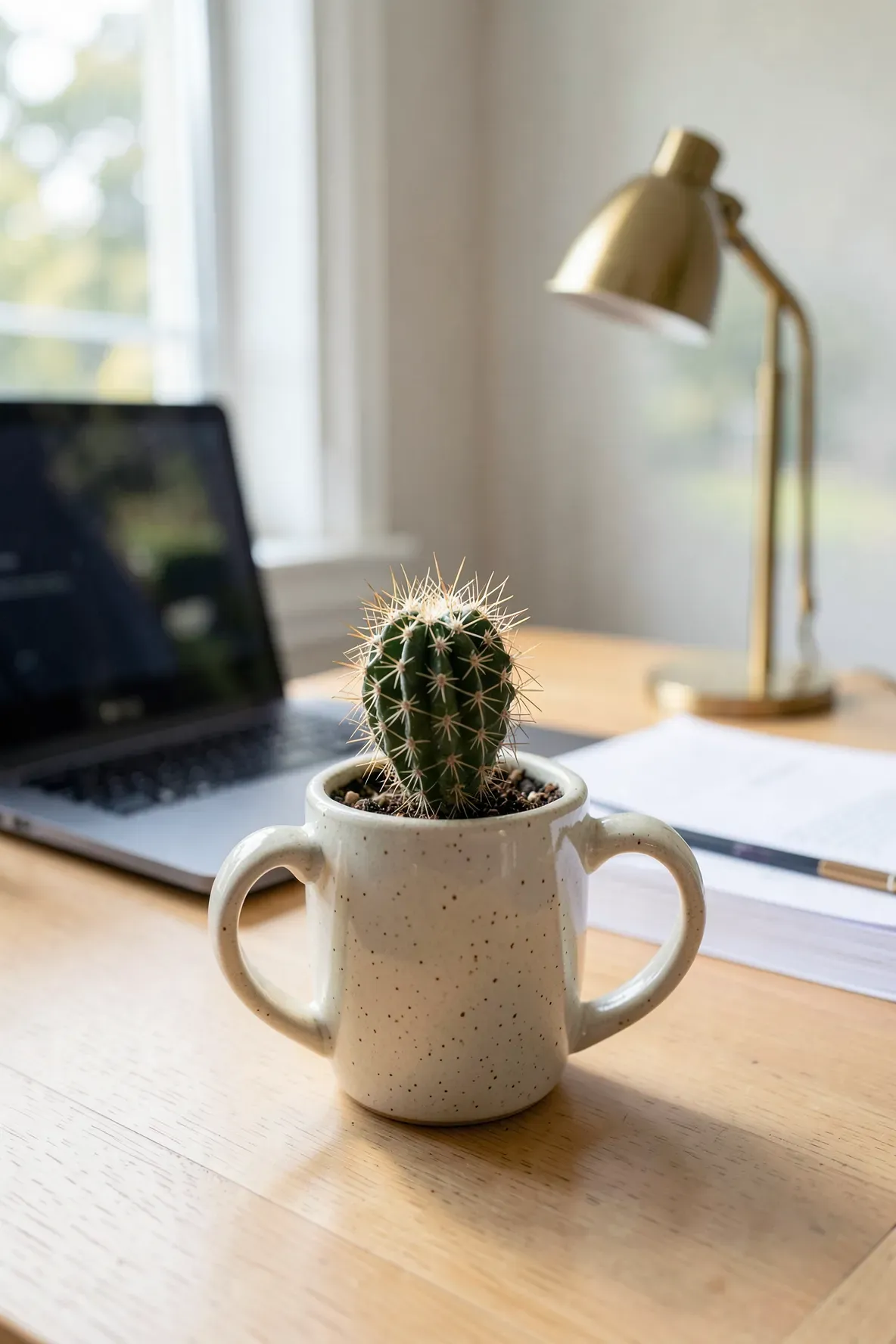 A small cactus in a speckled ceramic mug sitting on a clean wooden office desk.