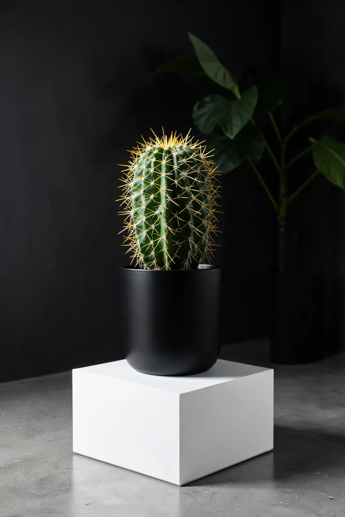 A green cactus with yellow spines in a matte black pot on a white pedestal.