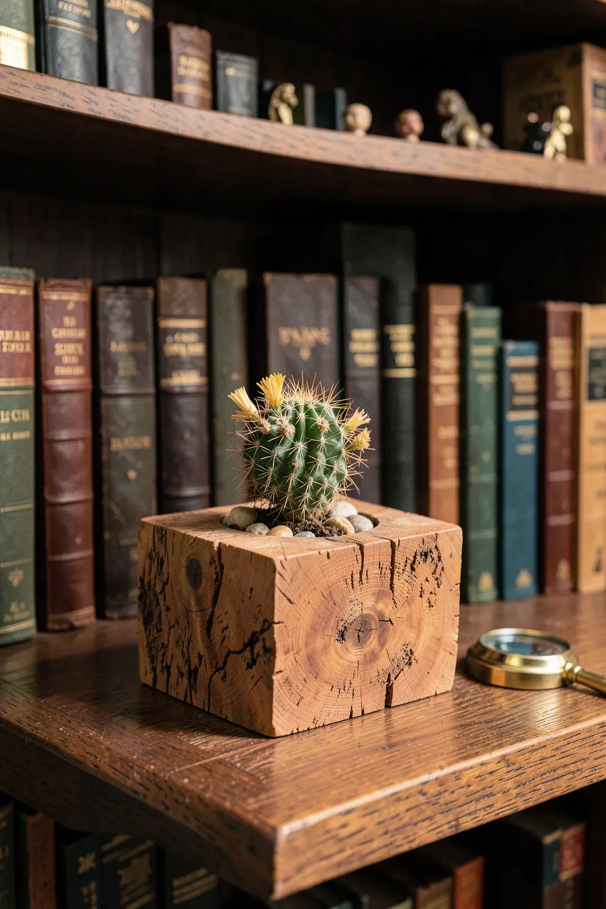 A hand-carved cedar wood block holding a small cactus on a cozy bookshelf.
