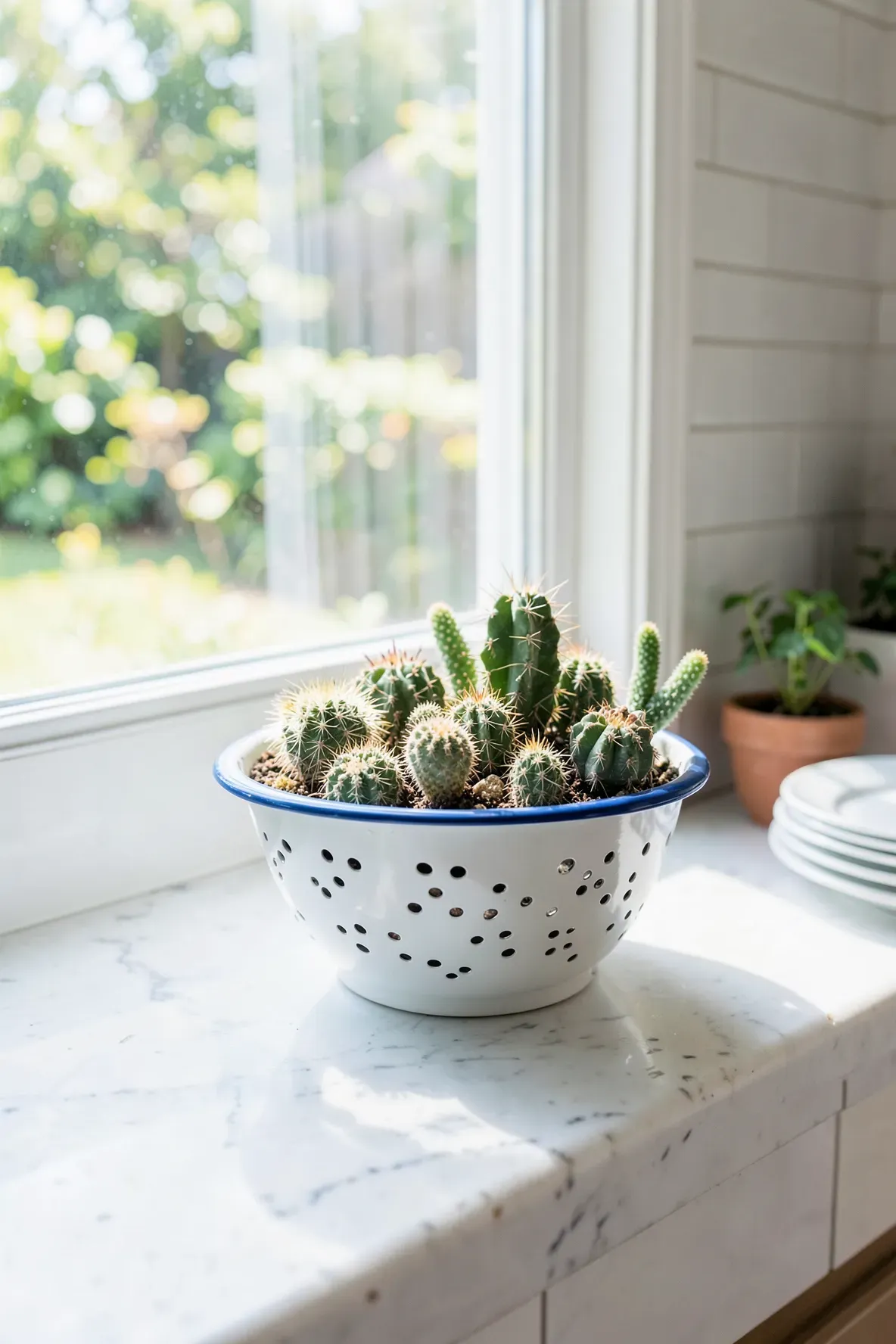 A vintage white enamel colander used as a cactus planter on a sunny kitchen windowsill.
