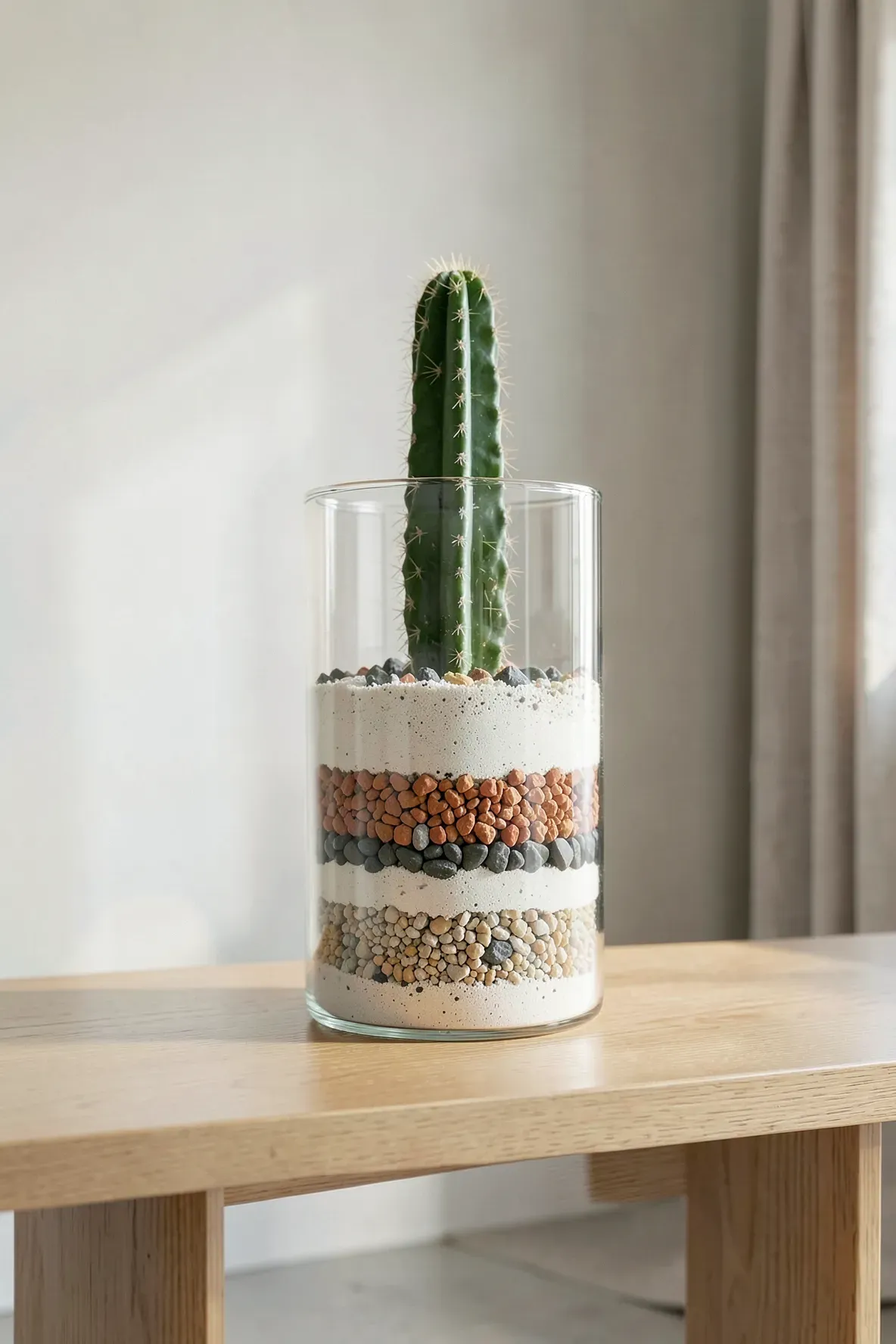 A tall glass cylinder planter with layered colored sand and gravel holding a green cactus.