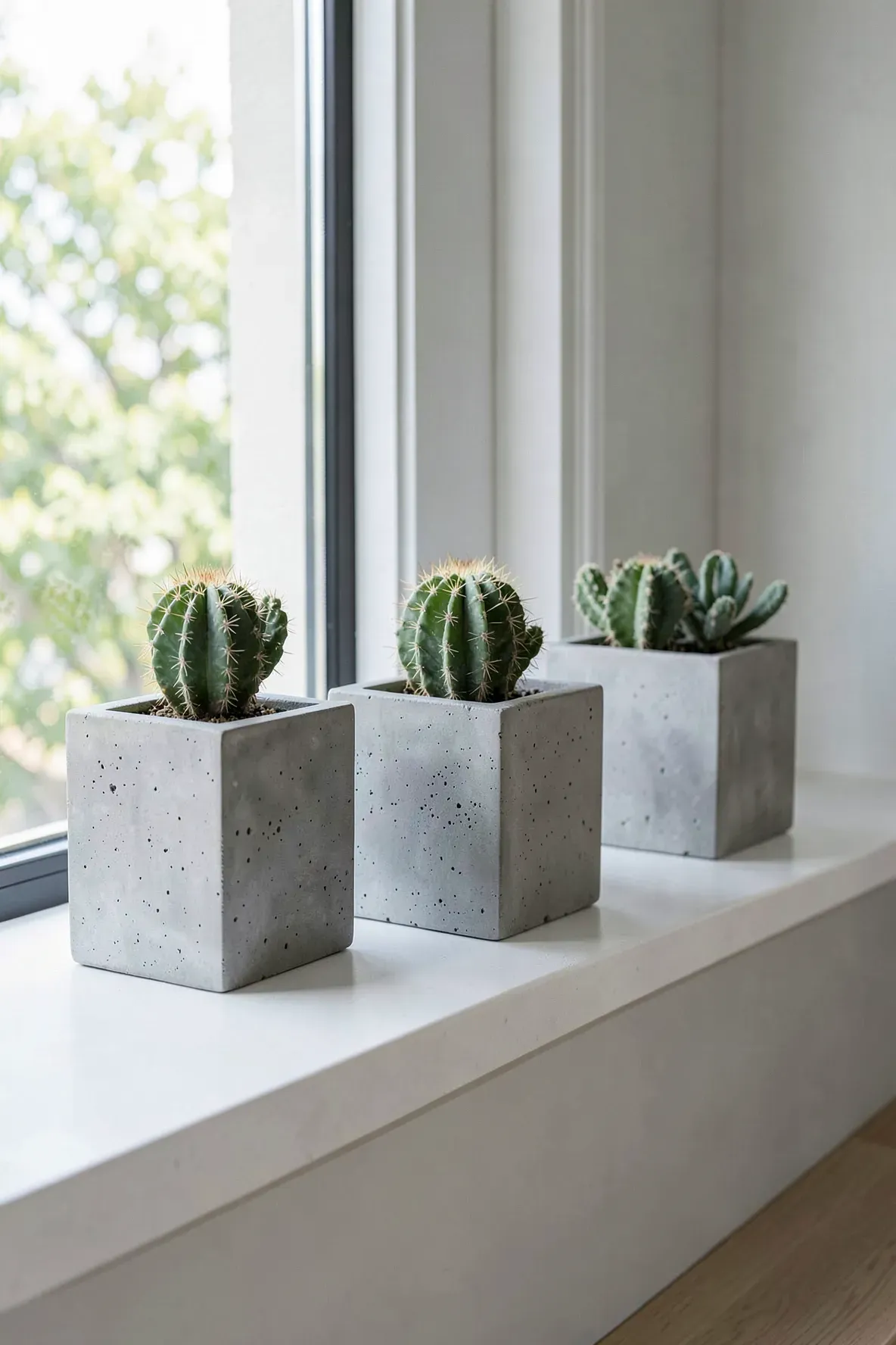 Three square grey cement pots with cacti arranged in a row on a bright window ledge.