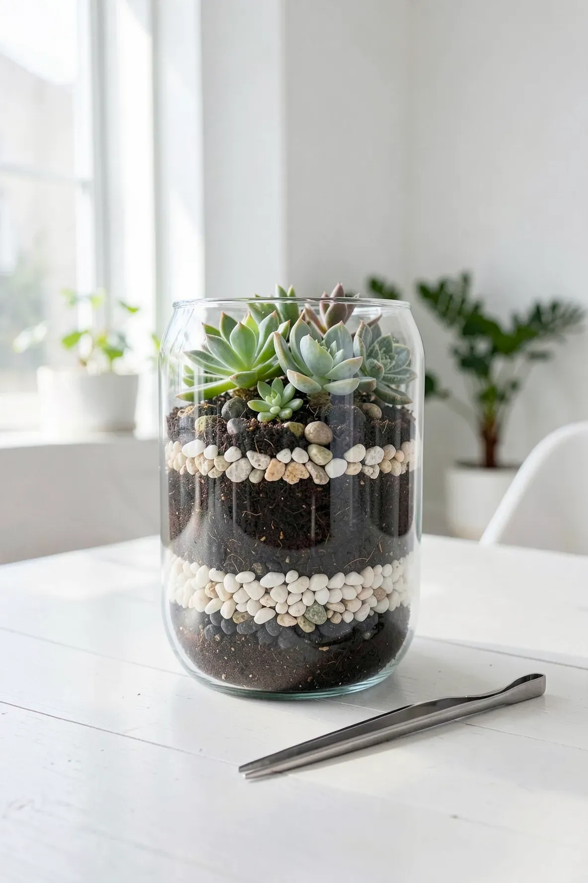 A glass terrarium with visible layers of white sand and soil holding green succulents on a table.