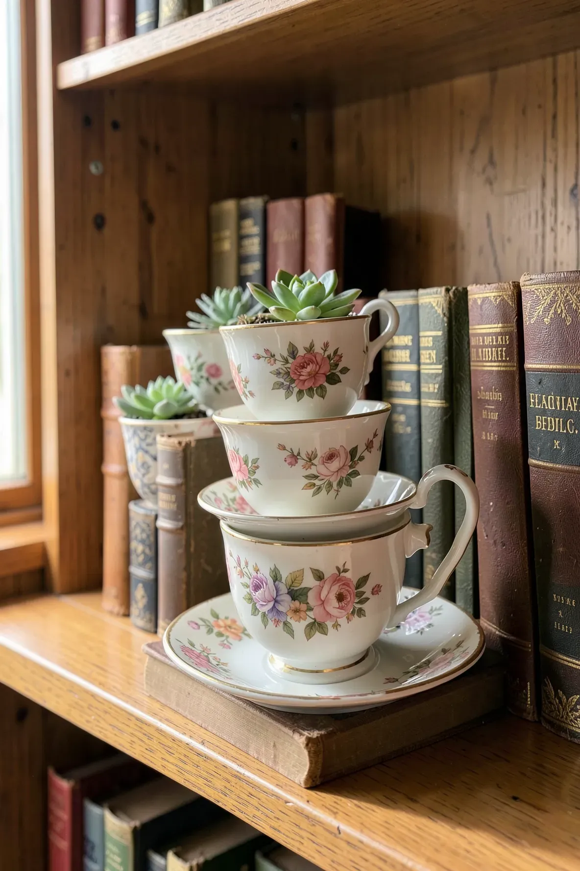 Three vintage floral teacups used as planters for small succulents on a wooden bookshelf.