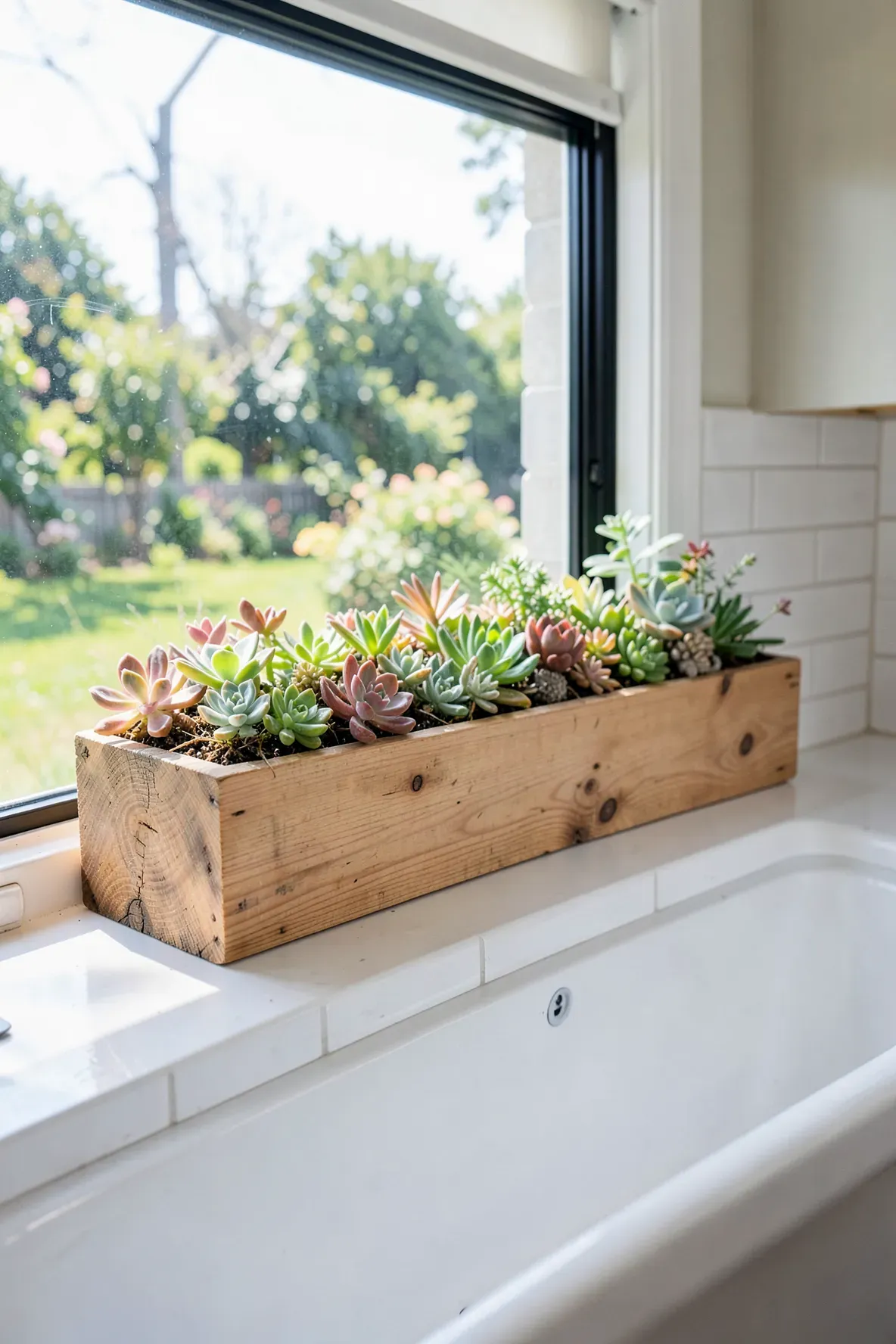 A rustic cedar window box filled with various succulents sitting on a bright kitchen window sill.