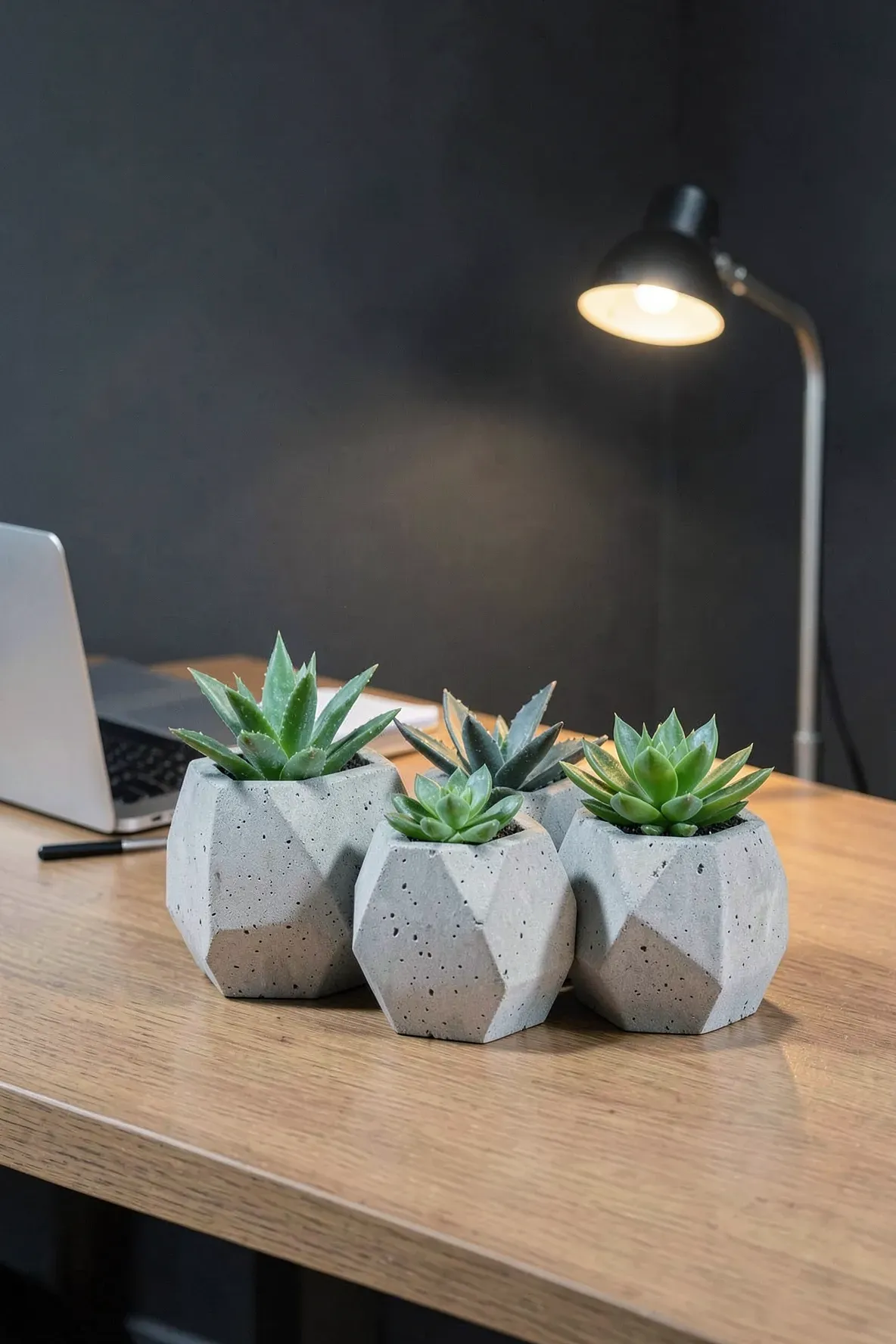 A group of hexagonal concrete pots with succulents arranged on a modern office desk.