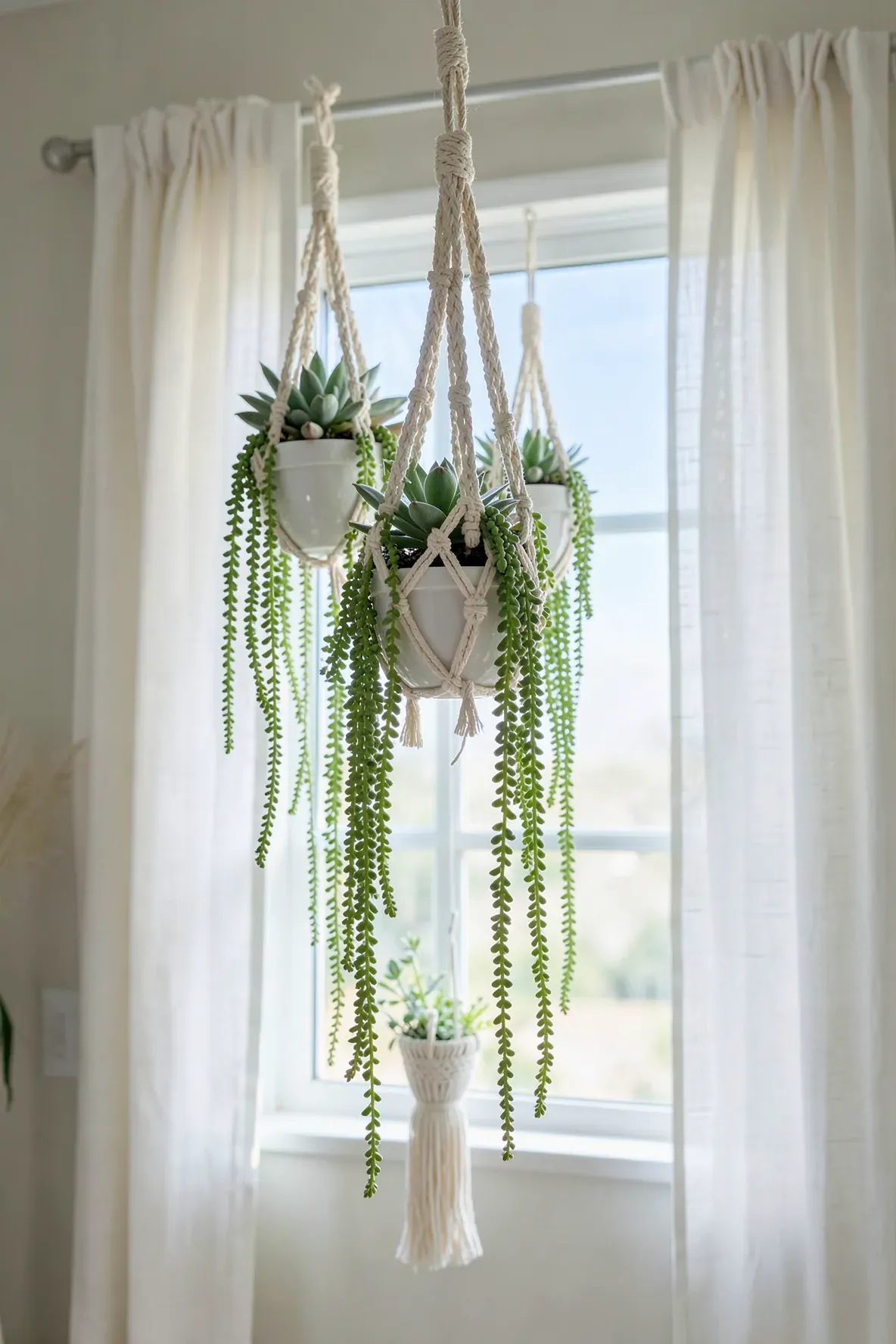 Three white ceramic bowls with trailing succulents hanging in macramé rope holders near a window.