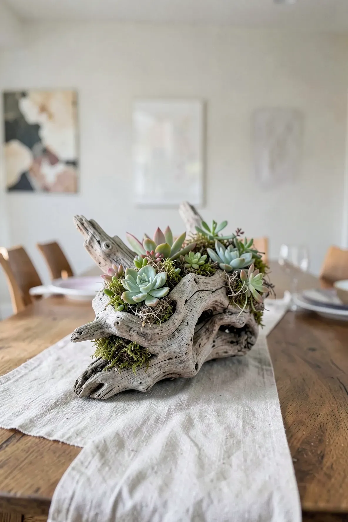 A large piece of driftwood used as a planter for various succulents on a dining table.