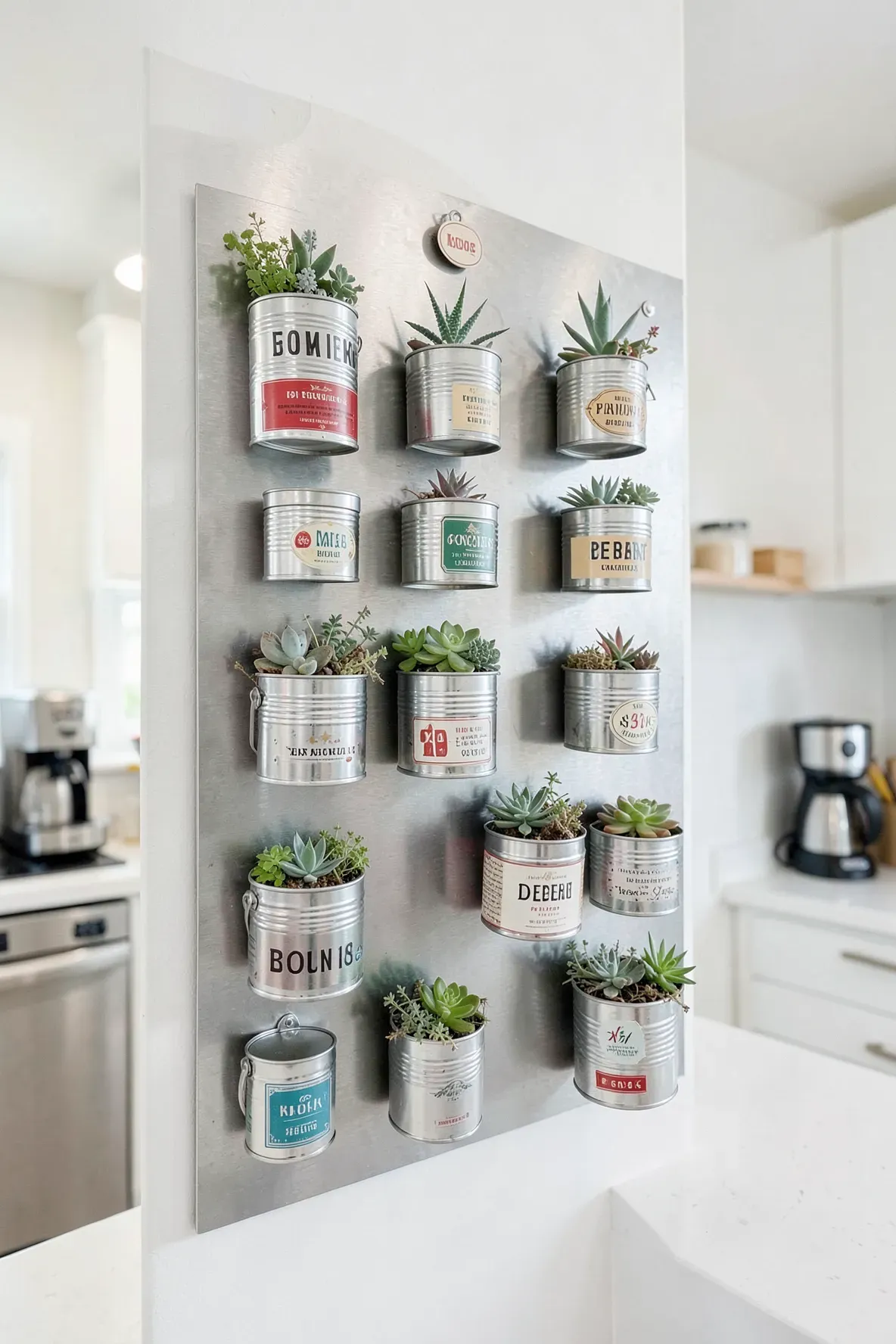 Several small colorful tin cans with succulents attached magnetically to a metal wall board.