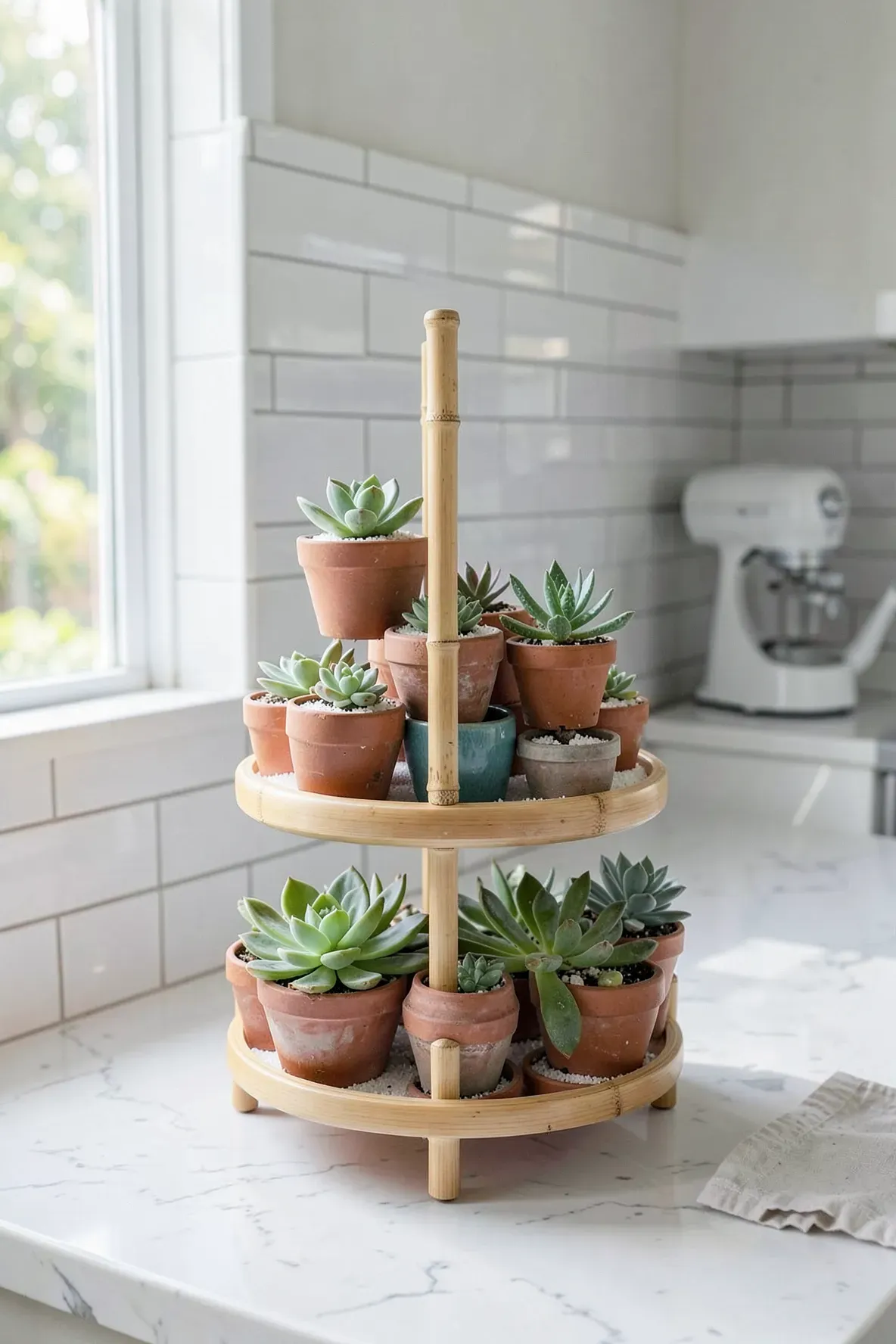 A three-tiered bamboo stand filled with various succulents on a white marble kitchen counter.
