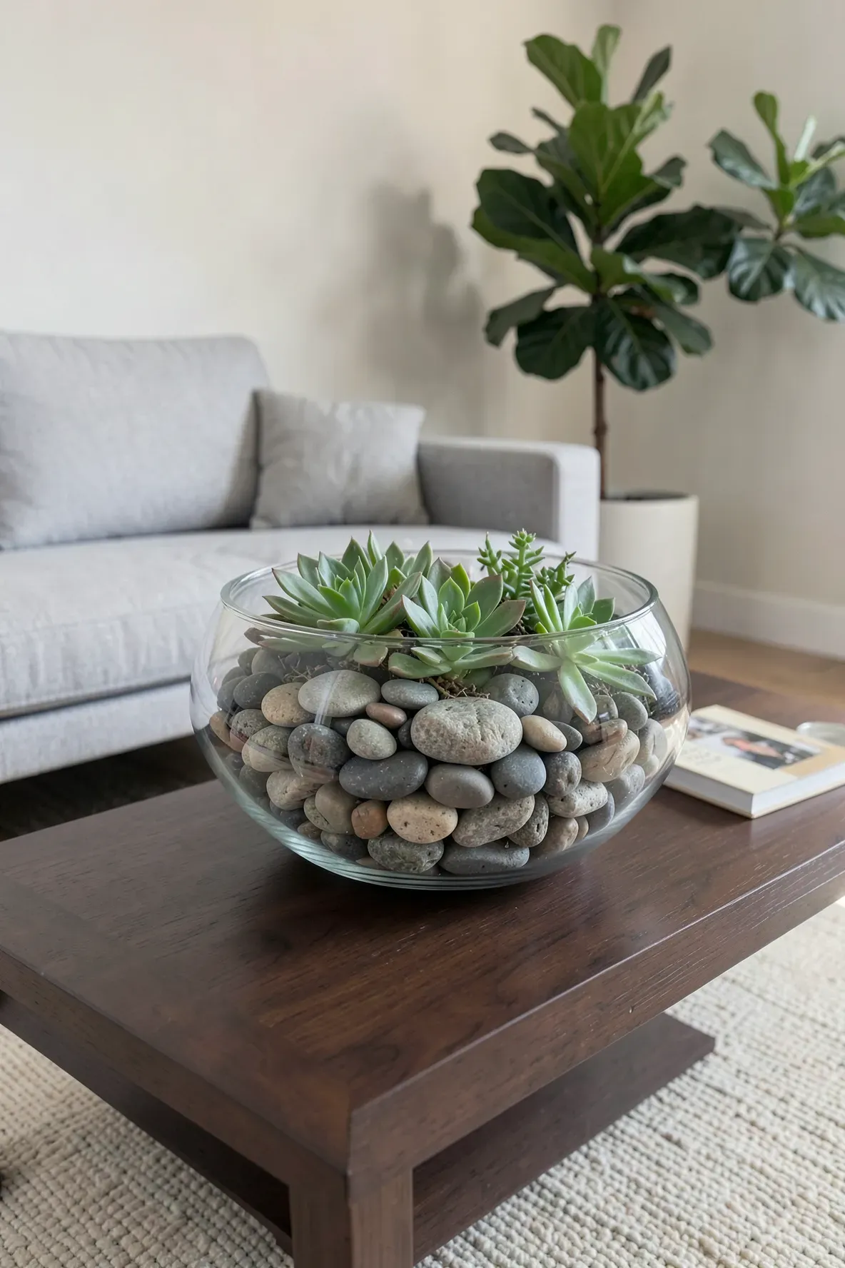 A large glass bowl filled with grey river stones and succulents on a dark wood coffee table.